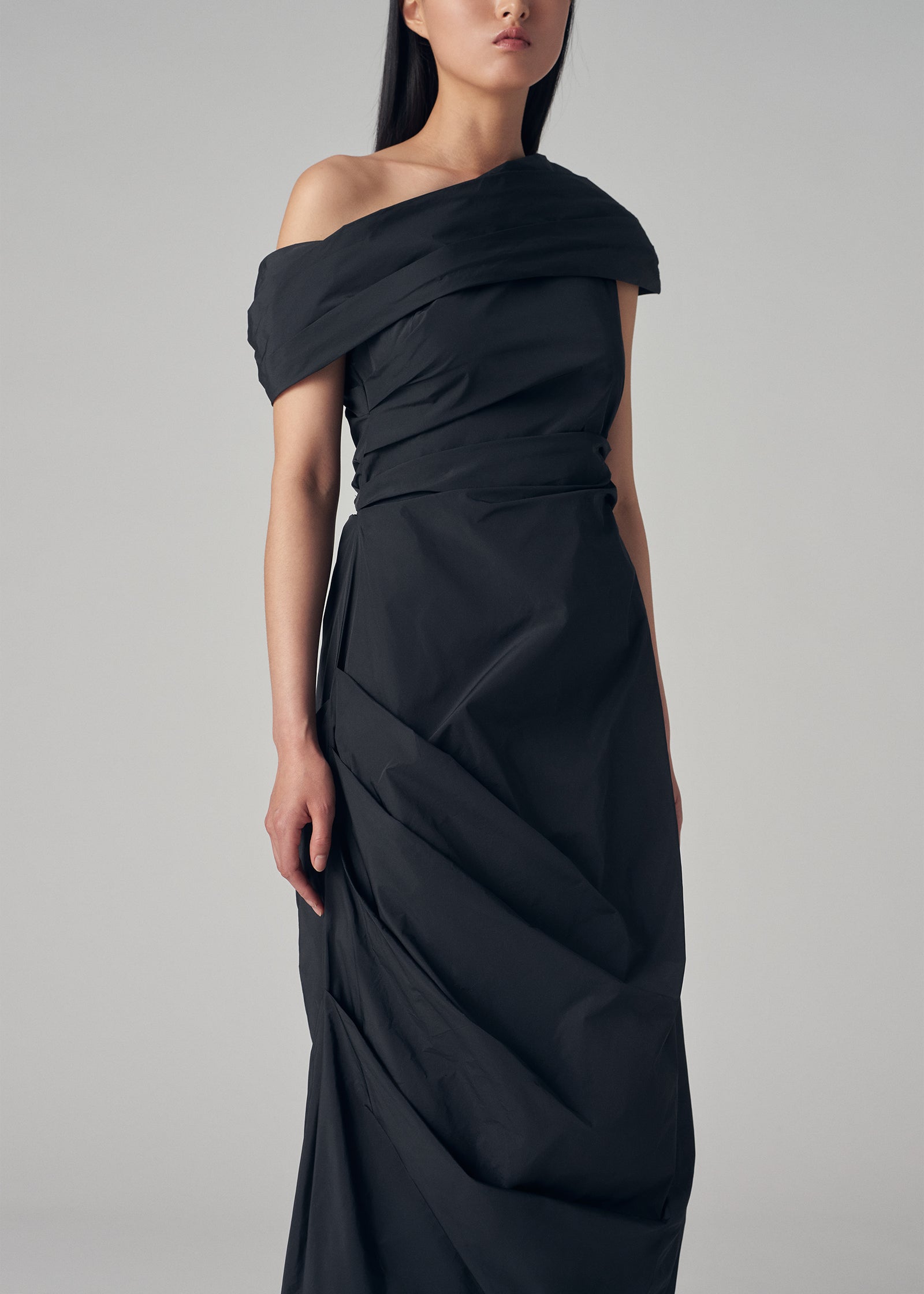 Off Shoulder Bias Dress in Taffeta - Black - CO Collections