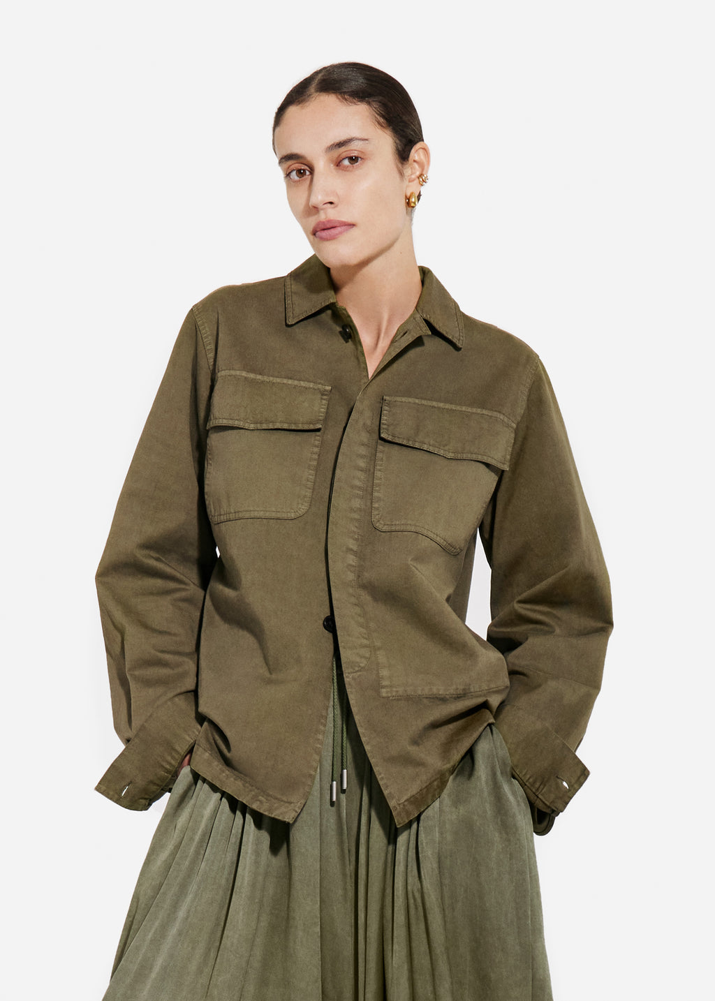 Garment Dyed Shirt Jacket in Cotton - Avocado - CO