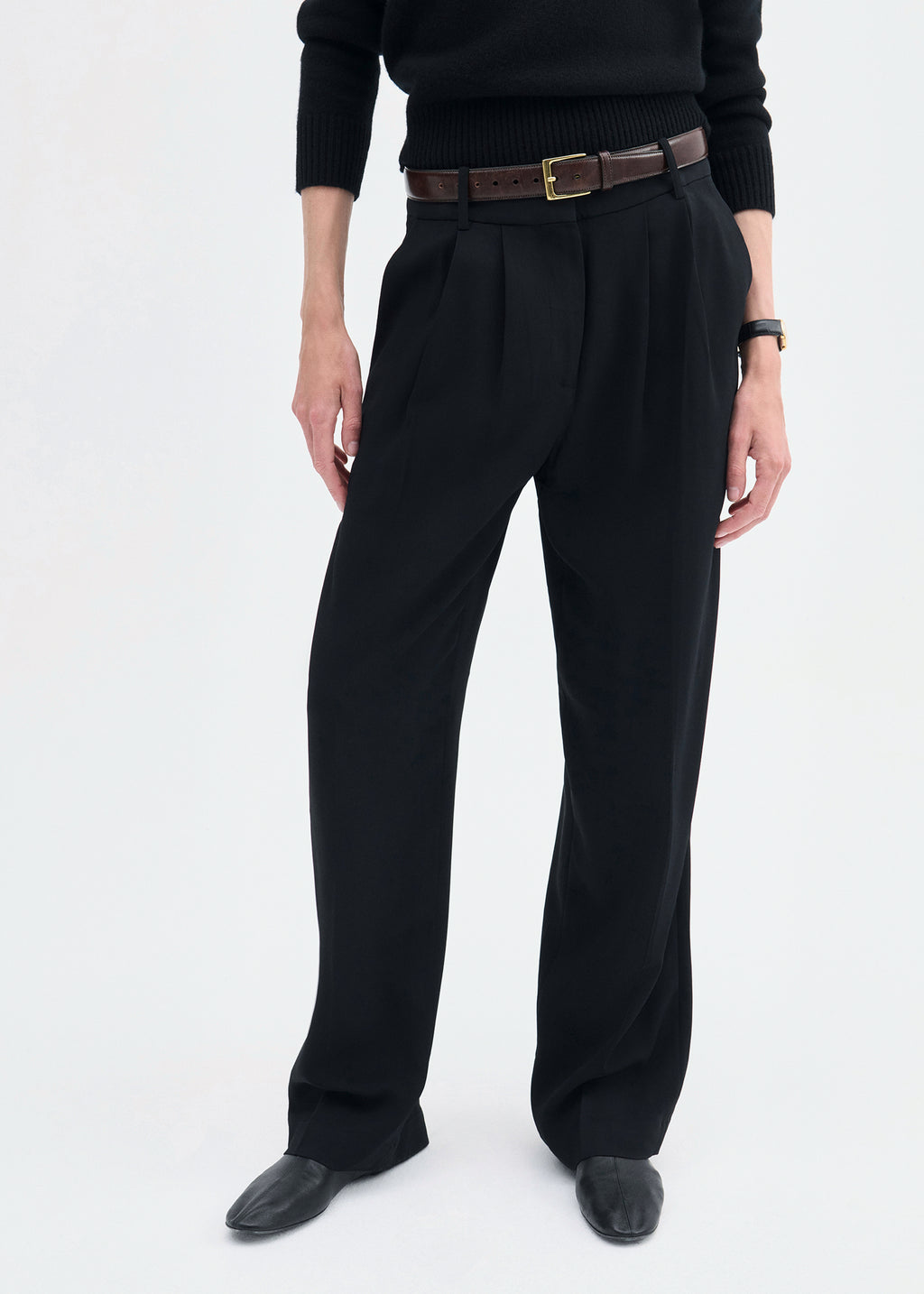 Pleat Front Trouser in Crepe - Black - CO