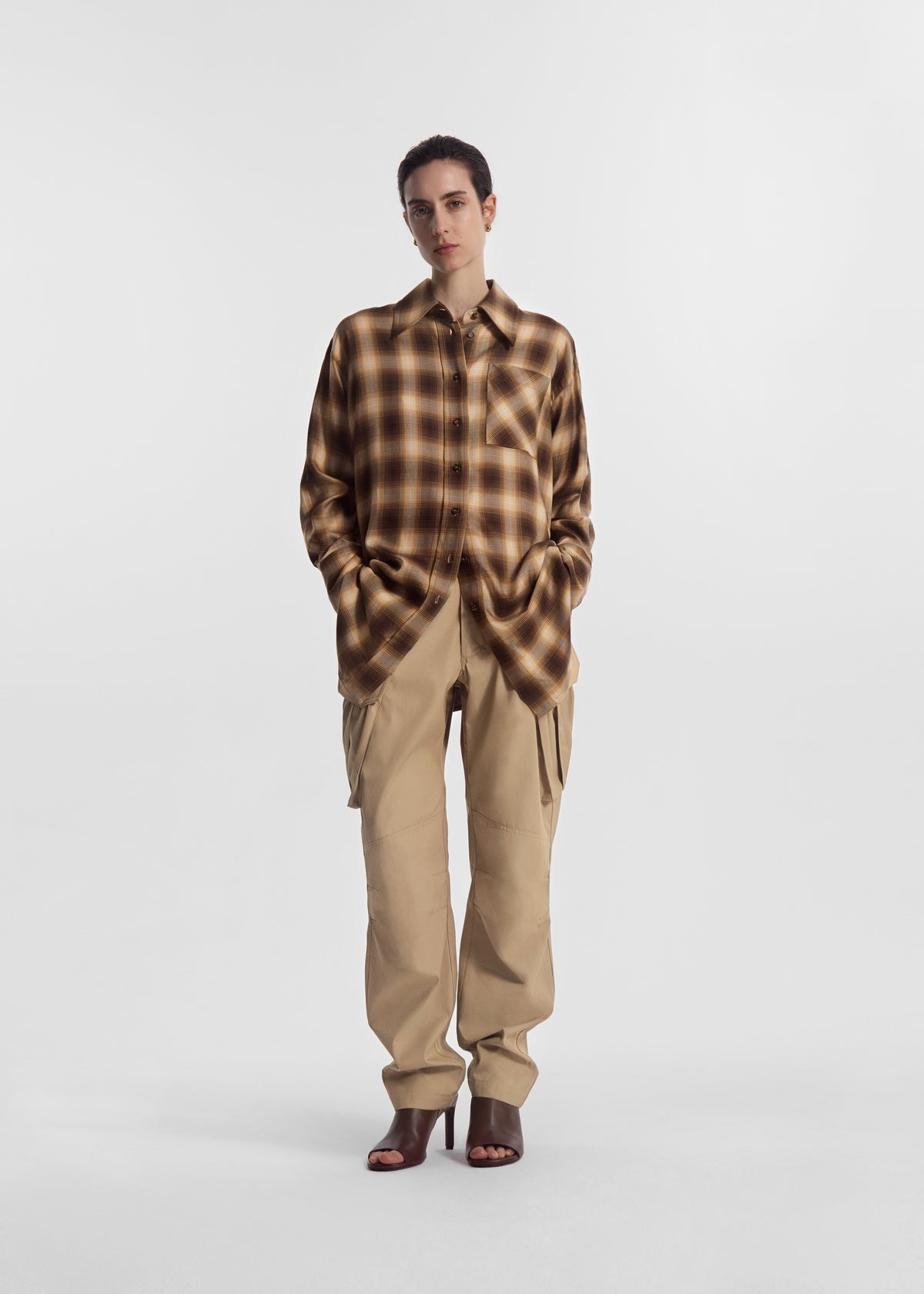 Oversized Shirt in Tencel Plaid - Brown Multi, image 2 of 3