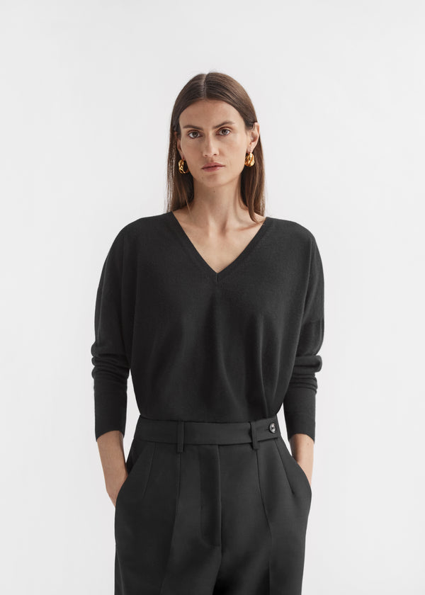 V-Neck Sweater in Fine Cashmere - Black, image 1 of 4