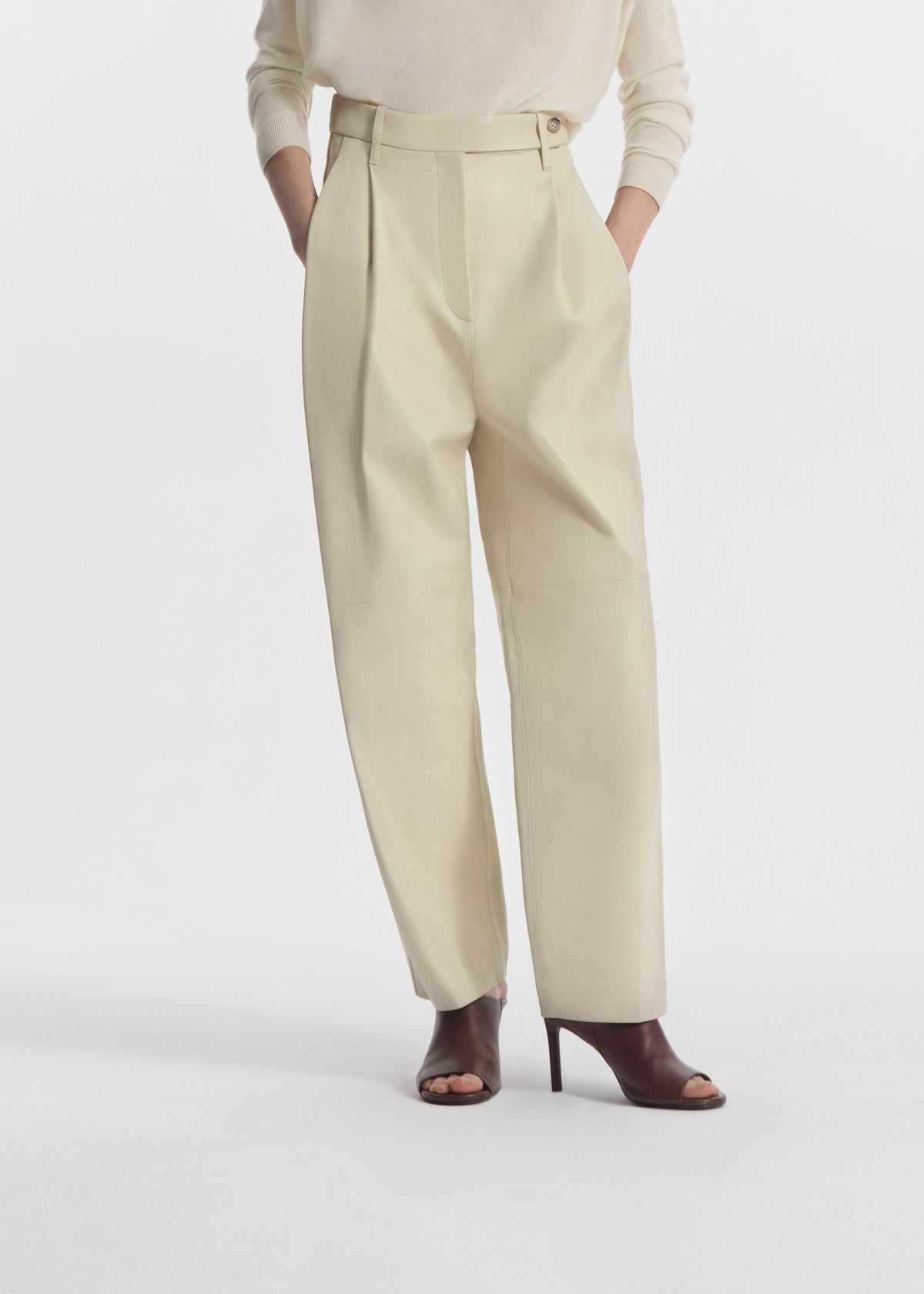 Pleated Pants in Leather - Pearl, image 2 of 5