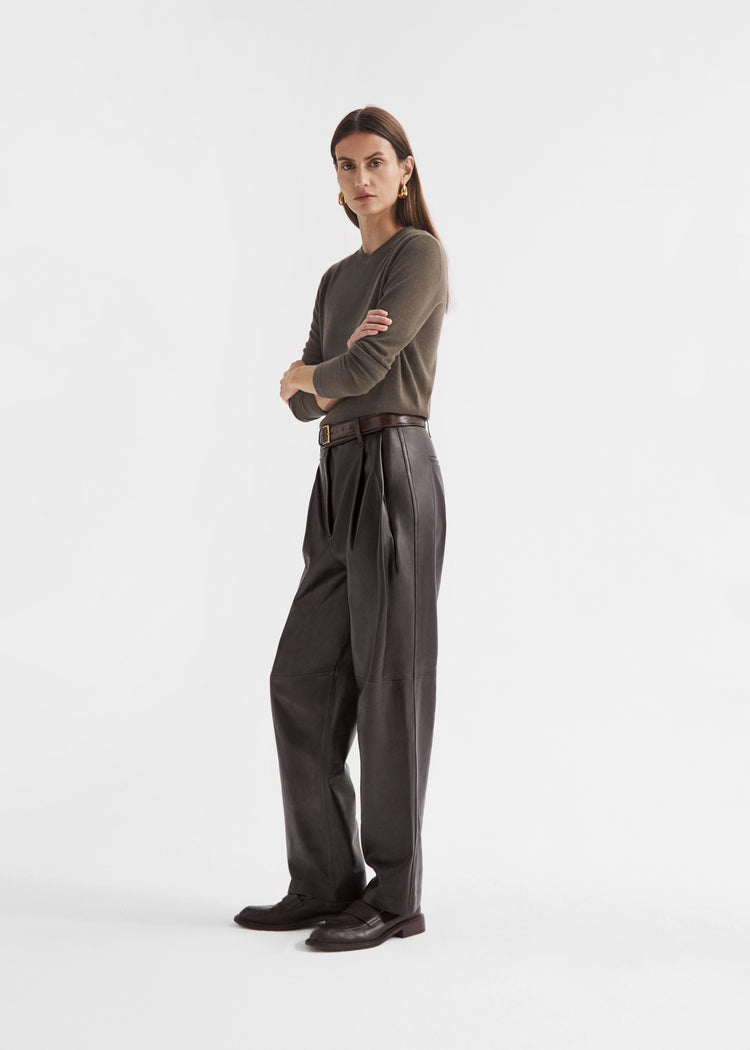 Pleated Pant in Leather - Chocolate, image 1 of 3
