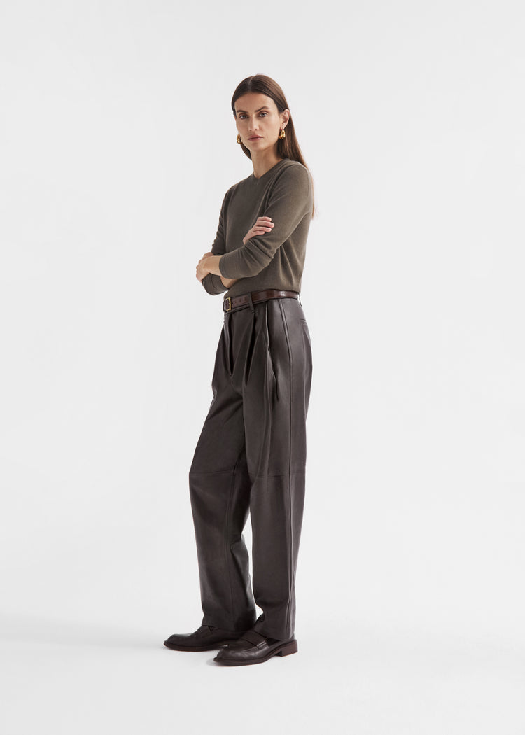Pleated Pant in Leather - Chocolate, image 1 of 3