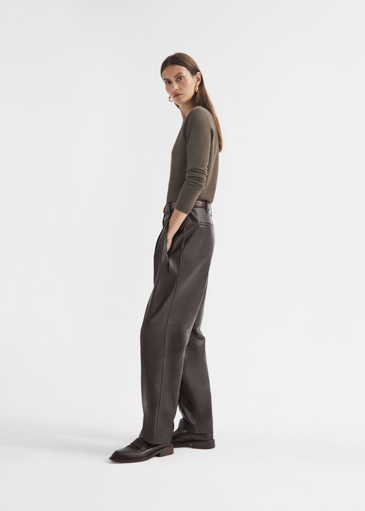 Pleated Pant in Leather - Chocolate, image 2 of 3