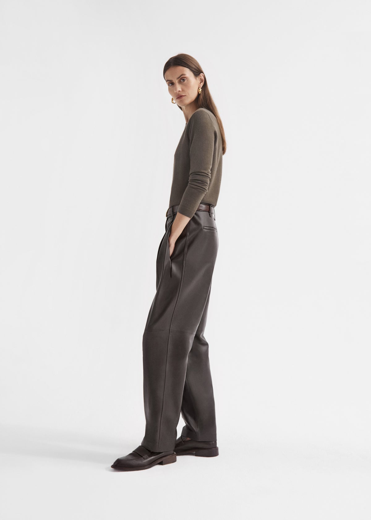 Pleated Pant in Leather - Chocolate, image 2 of 3