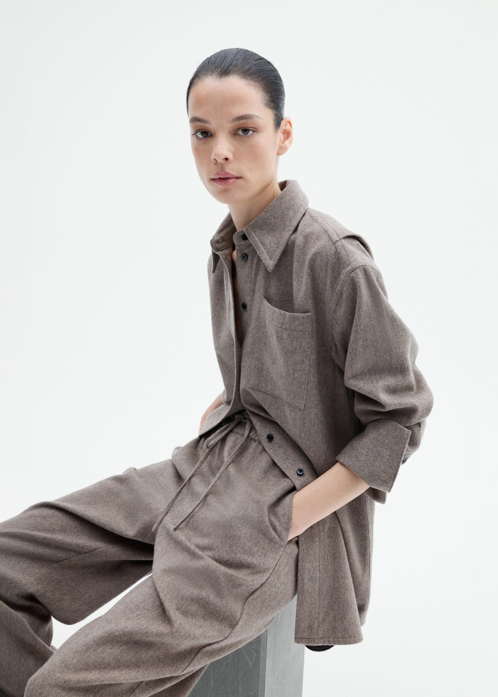 Tailored Flannel Shirt in Wool Cashmere - Oatmeal - CO