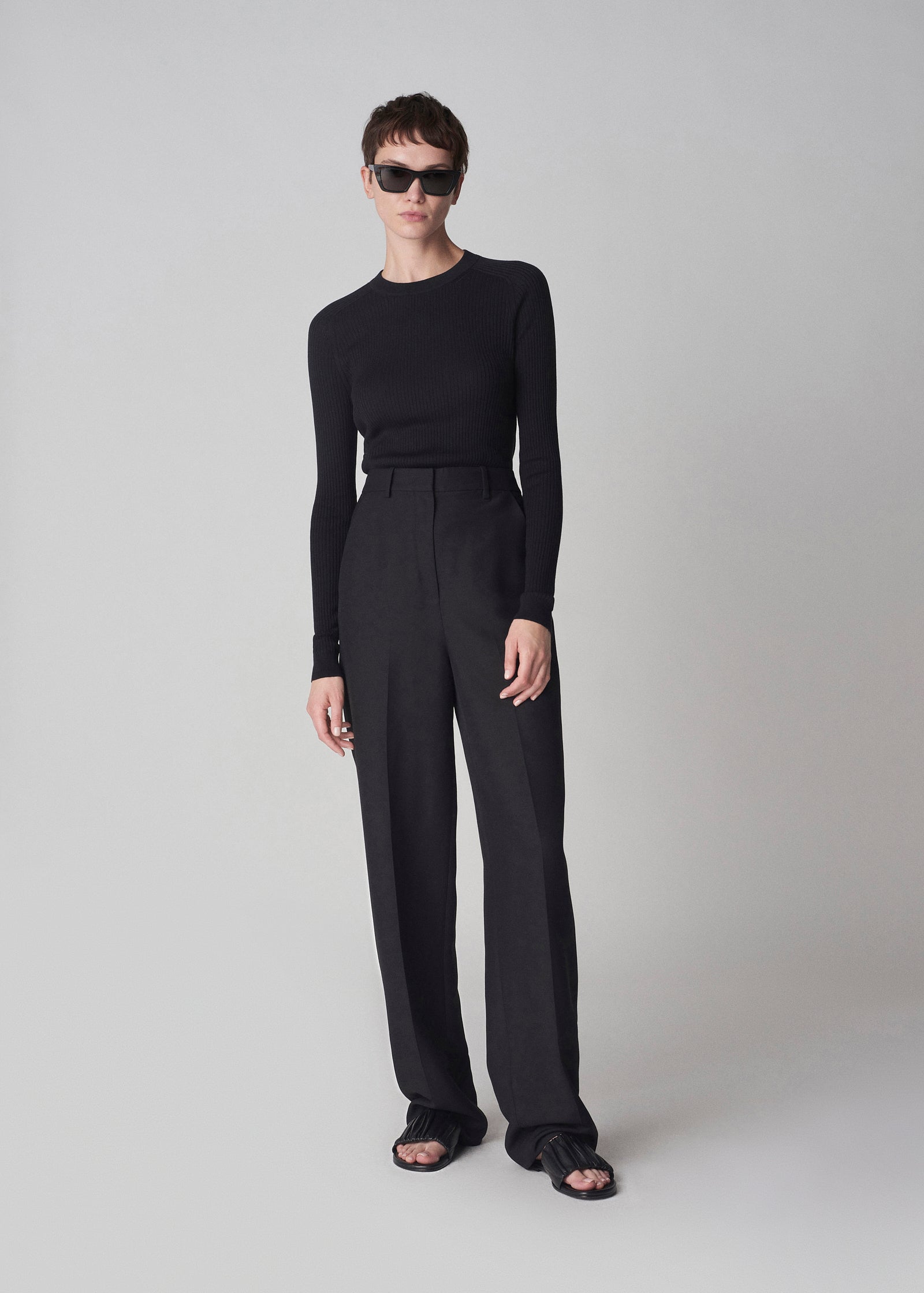 Flat Front Evening Trouser in Faille - Black - CO Collections