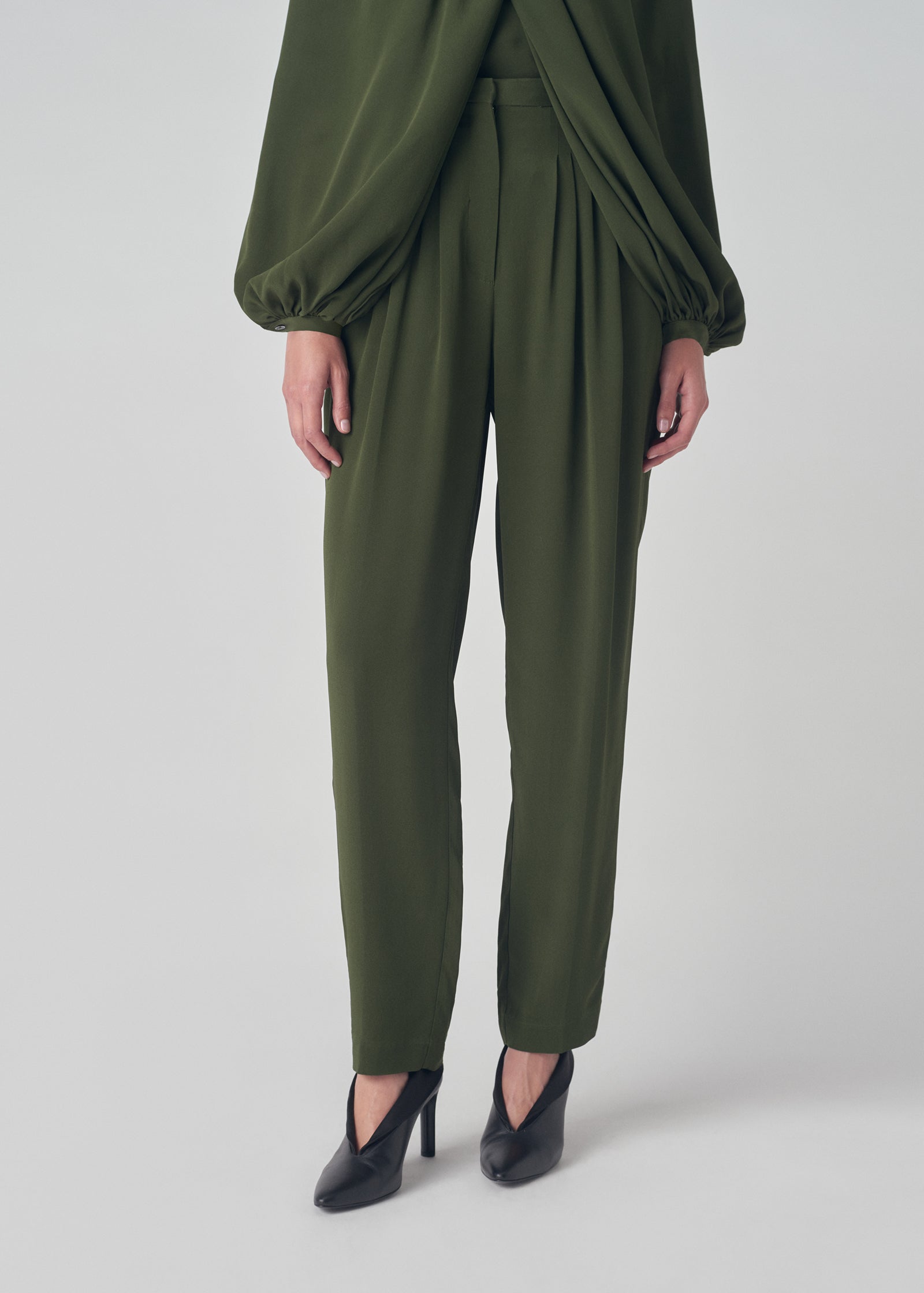 Pleated Carrot Trouser in Silk Cady - Green - CO Collections