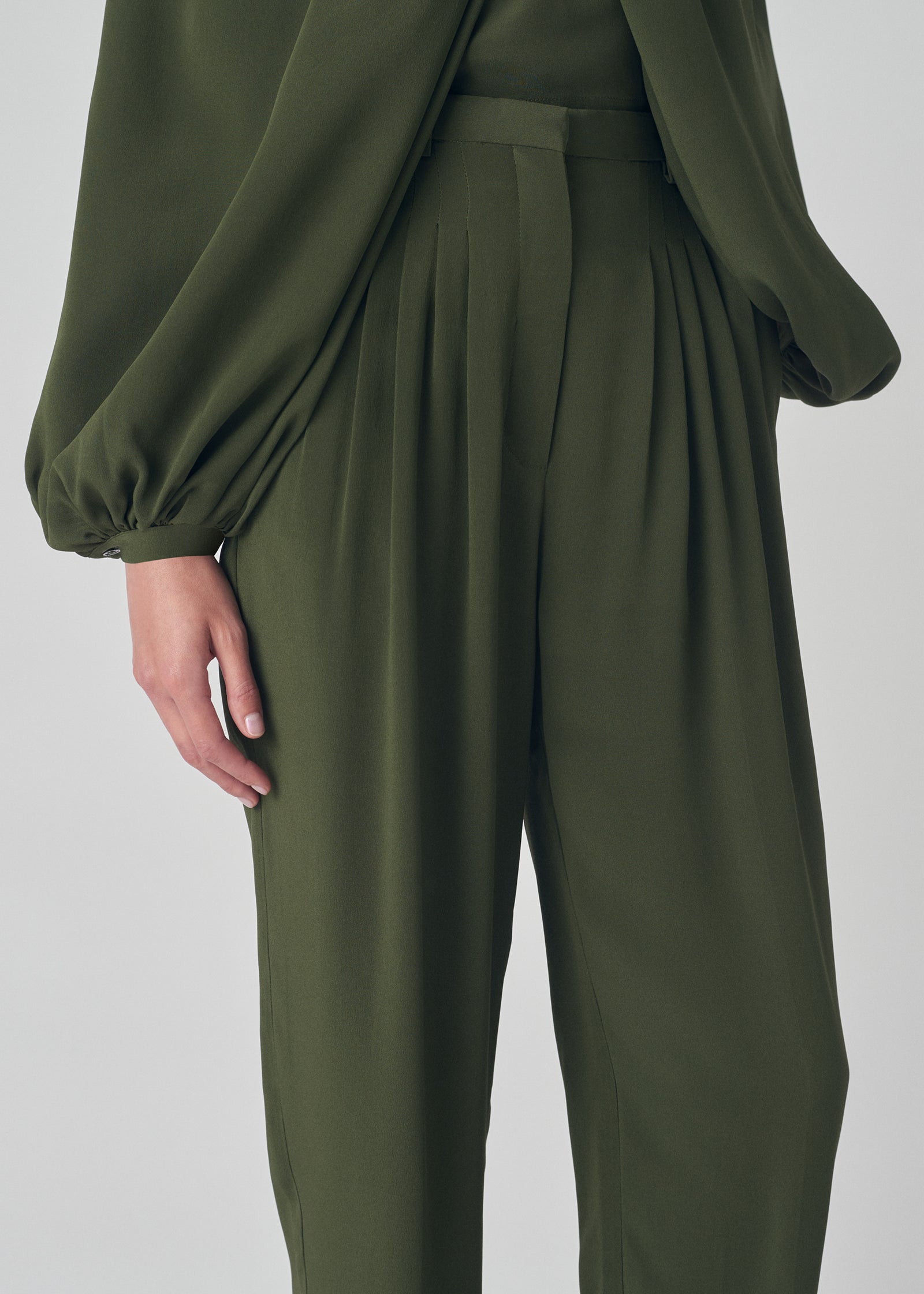 Pleated Carrot Trouser in Silk Cady - Green - CO Collections