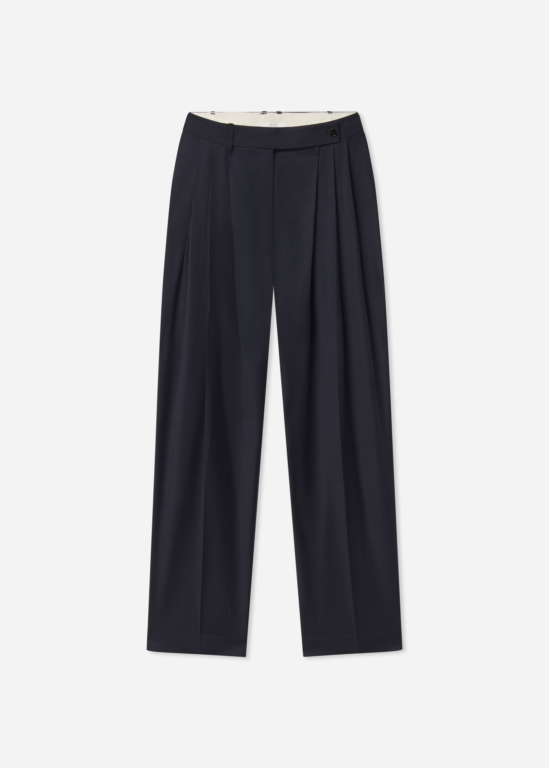 Wide Leg Pleated Pant in Wool Blend - Navy