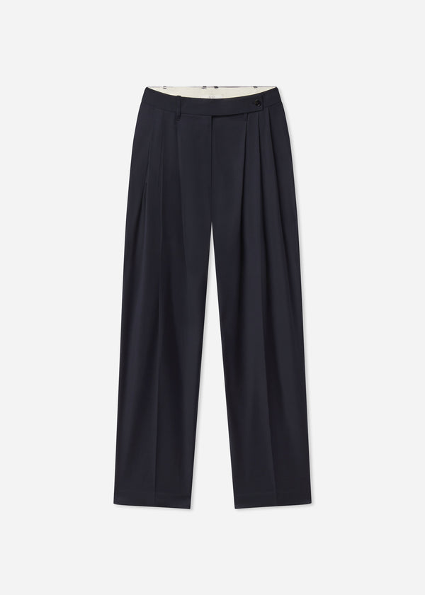 Wide Leg Pleated Pant in Wool Blend - Navy - CO
