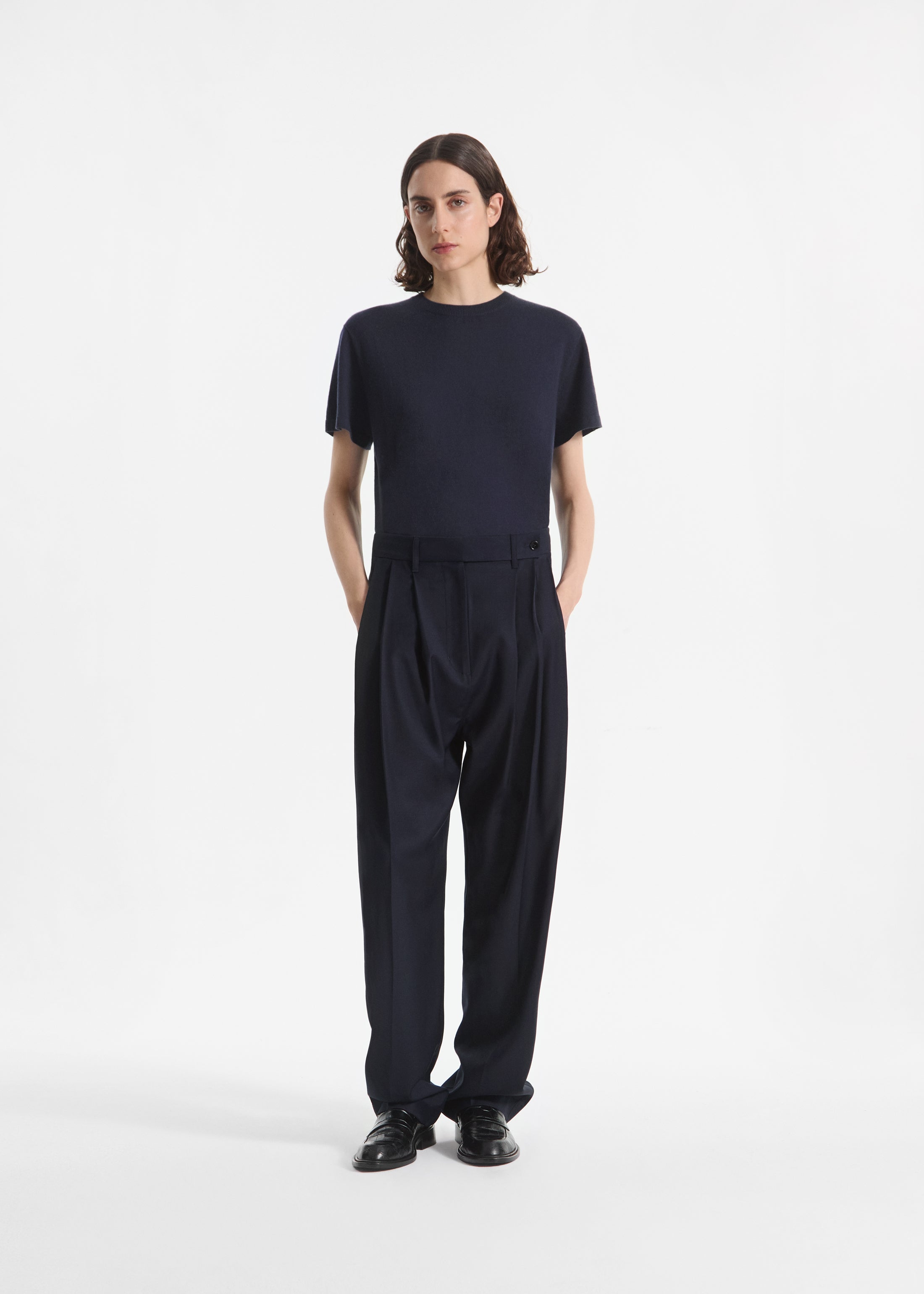 Wide Leg Pleated Pant in Wool Blend - Navy