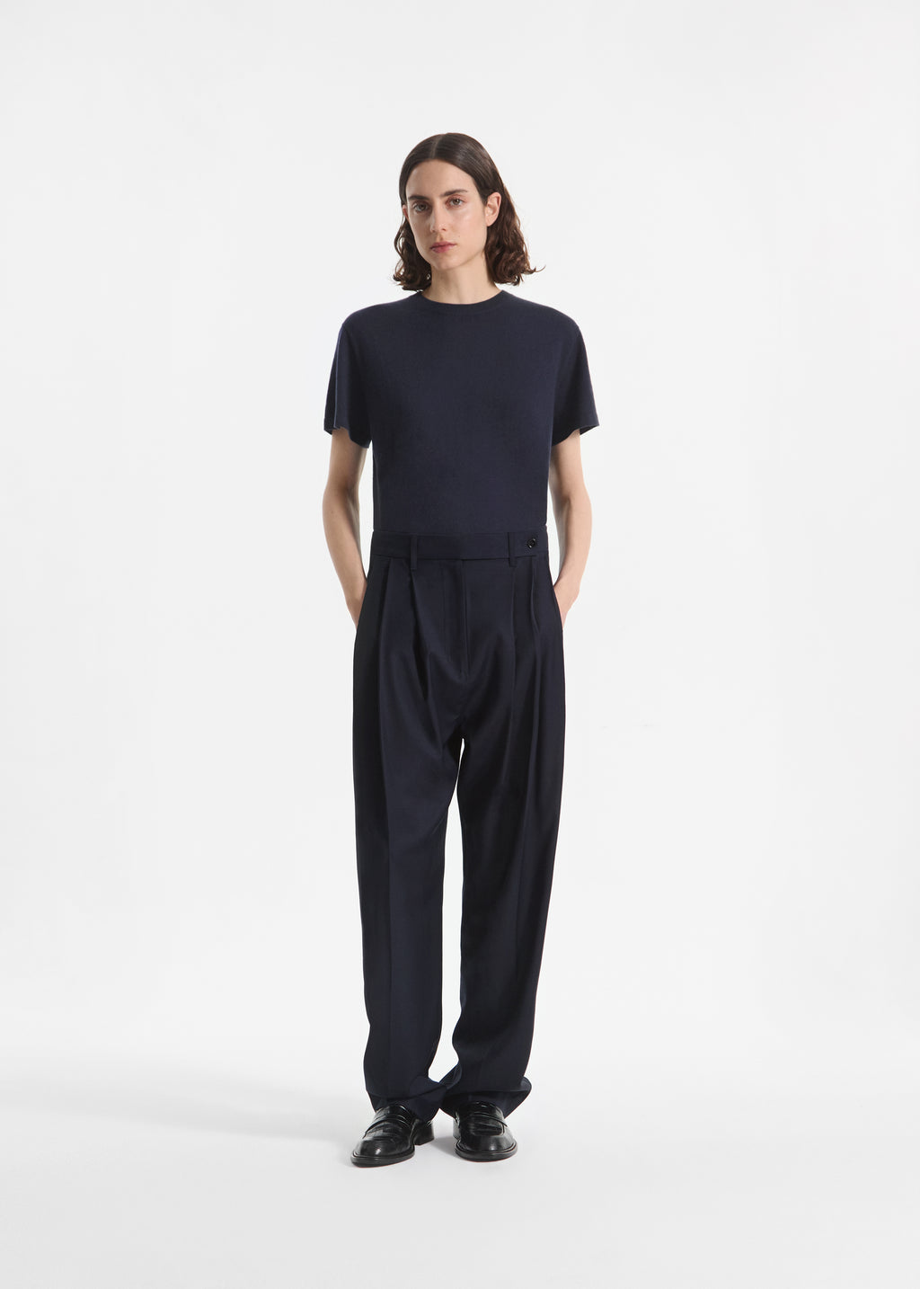 Wide Leg Pleated Pant in Wool Blend - Navy - CO