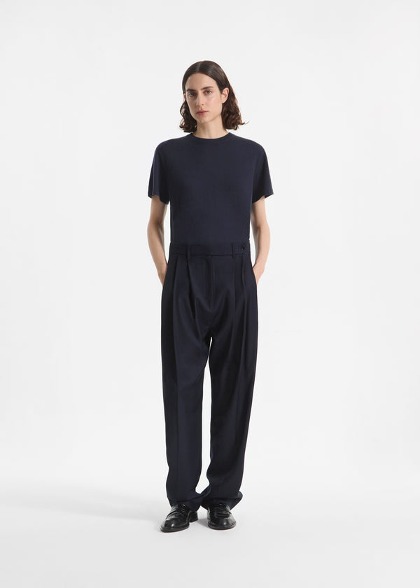Wide Leg Pleated Pant in Wool Blend - Navy - CO