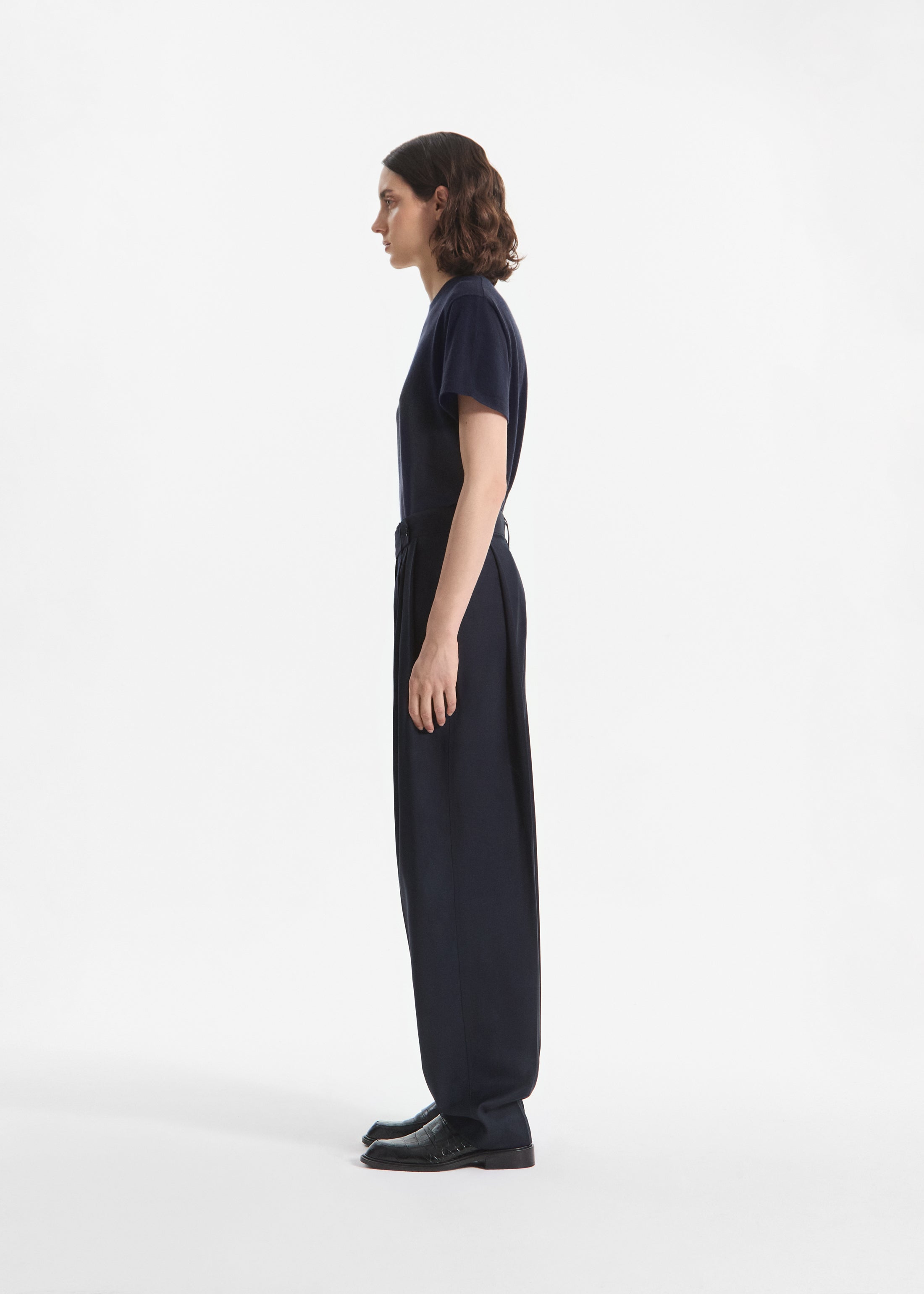 Wide Leg Pleated Pant in Wool Blend - Navy