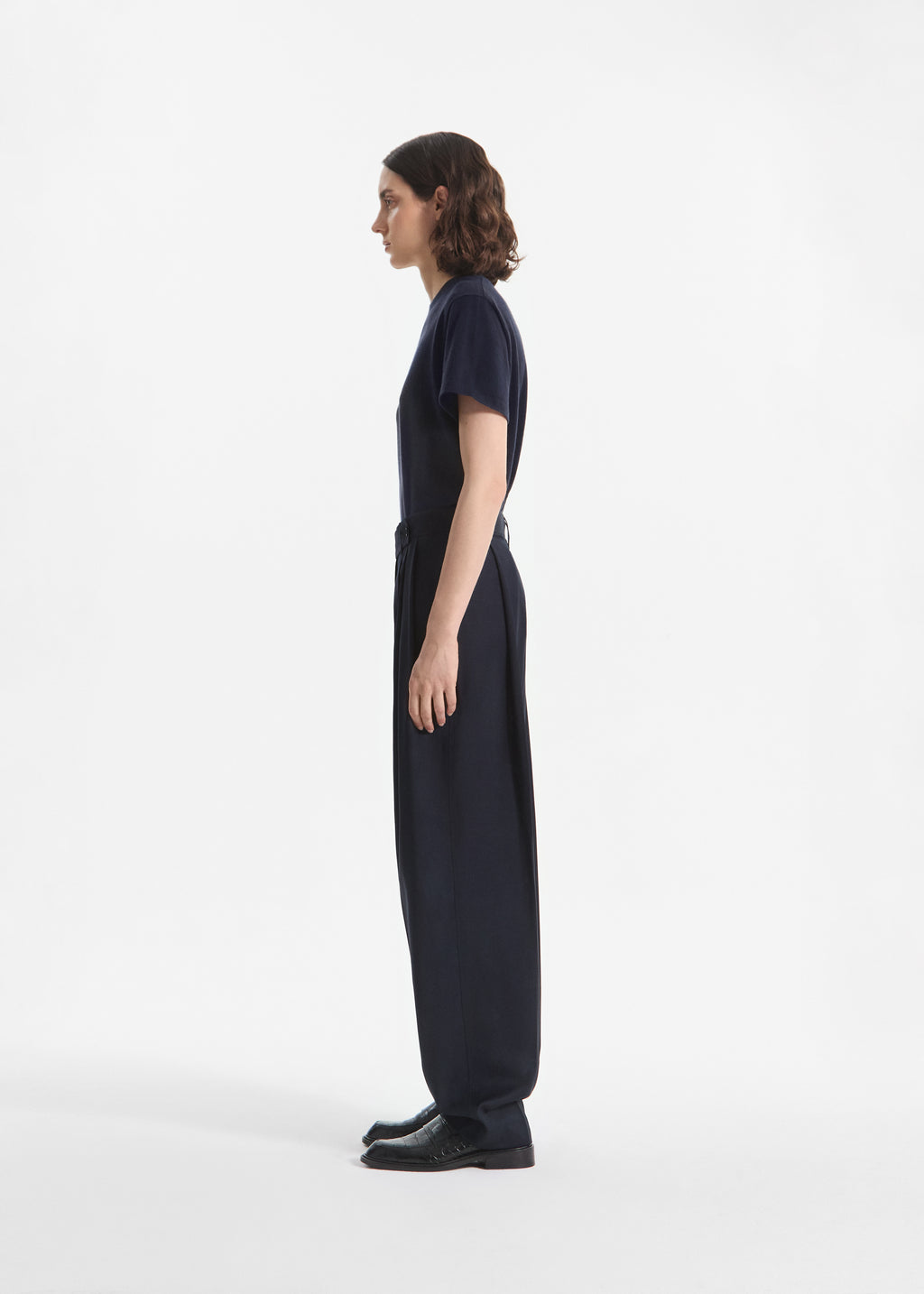 Wide Leg Pleated Pant in Wool Blend - Navy - CO
