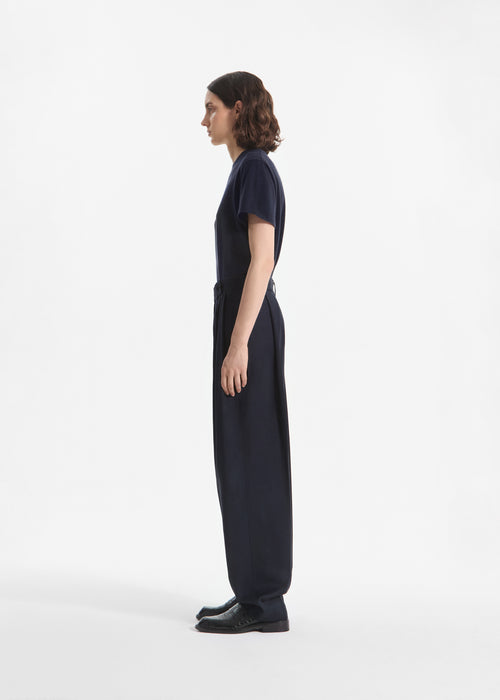 Wide Leg Pleated Pant in Wool Blend - Navy, image 2 of 4