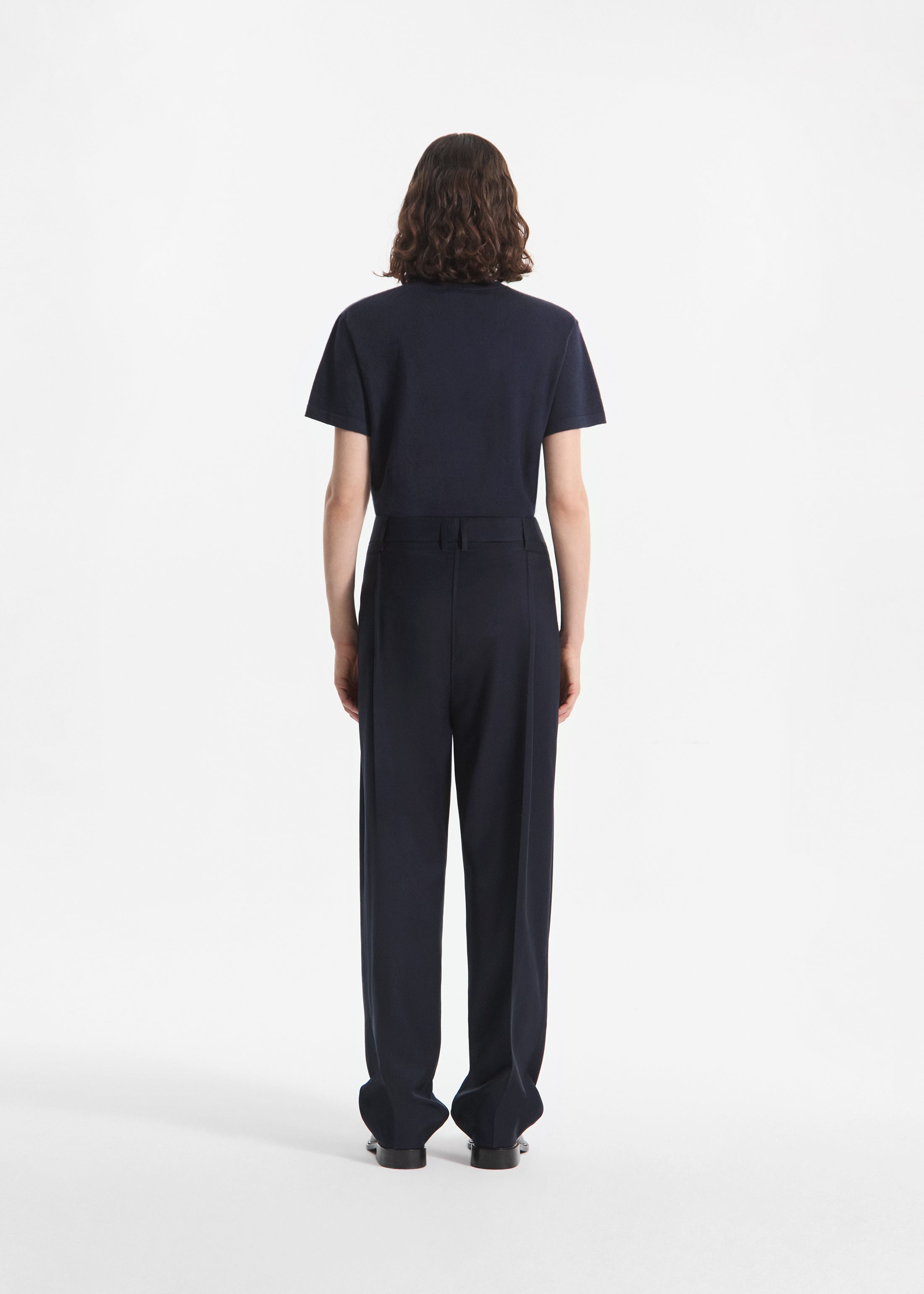 Wide Leg Pleated Pant in Wool Blend - Navy