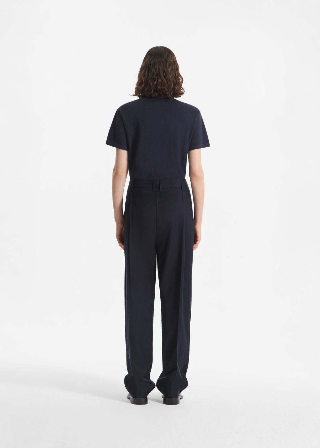 Wide Leg Pleated Pant in Wool Blend - Navy - CO