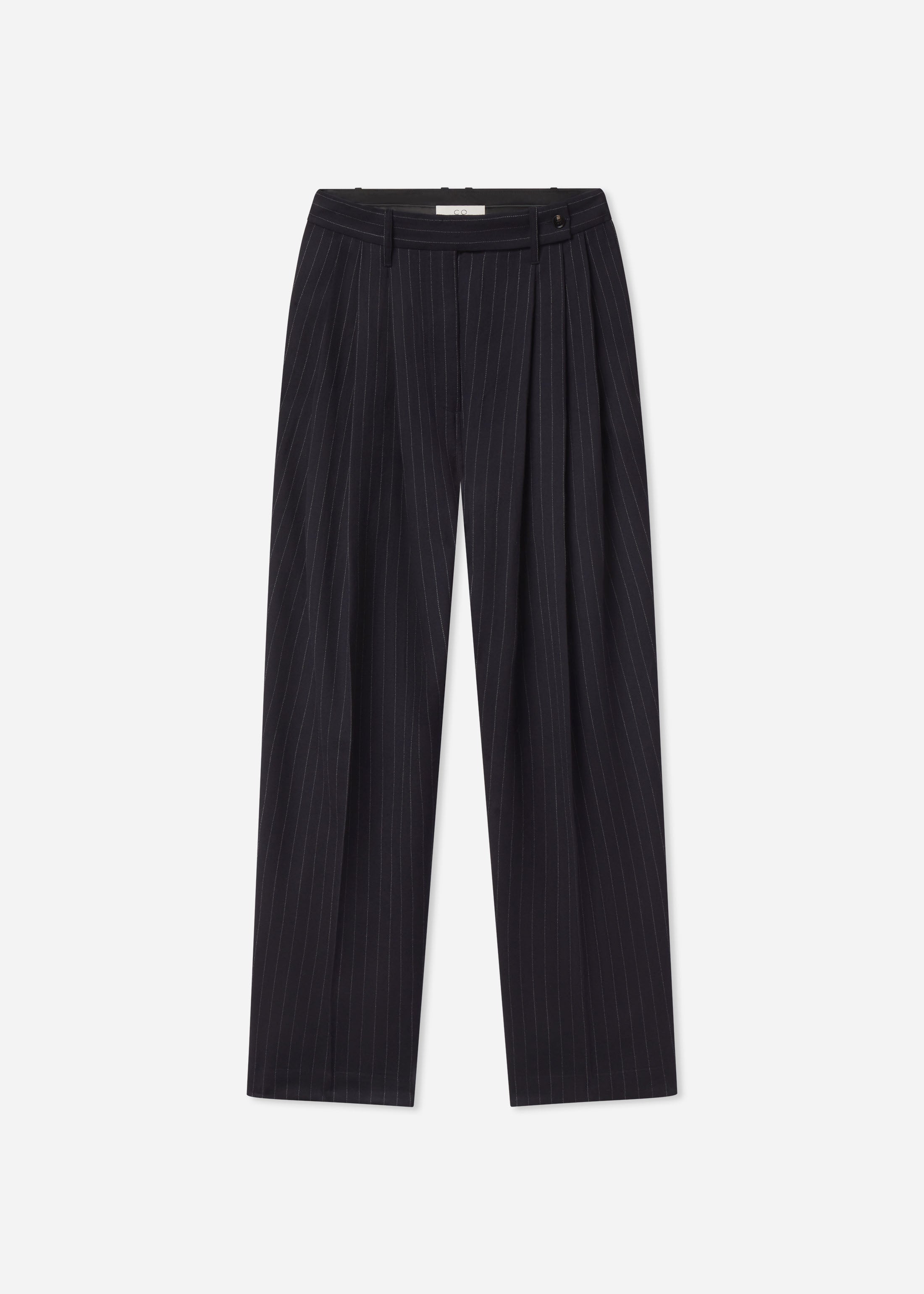 Wide Leg Pleated Pant in Pinstripe Virgin Wool - Navy Stripe