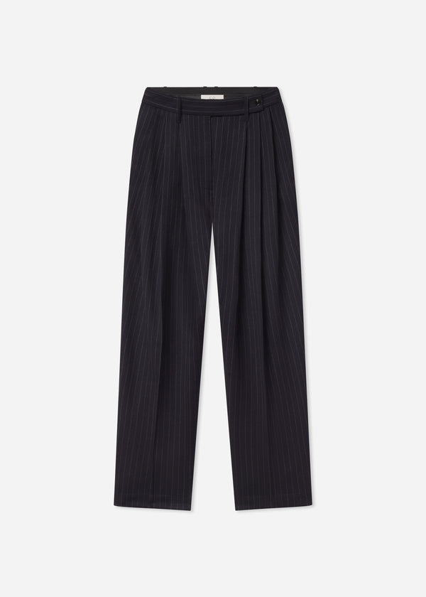 Wide Leg Pleated Pant in Pinstripe Virgin Wool - Navy Stripe - CO