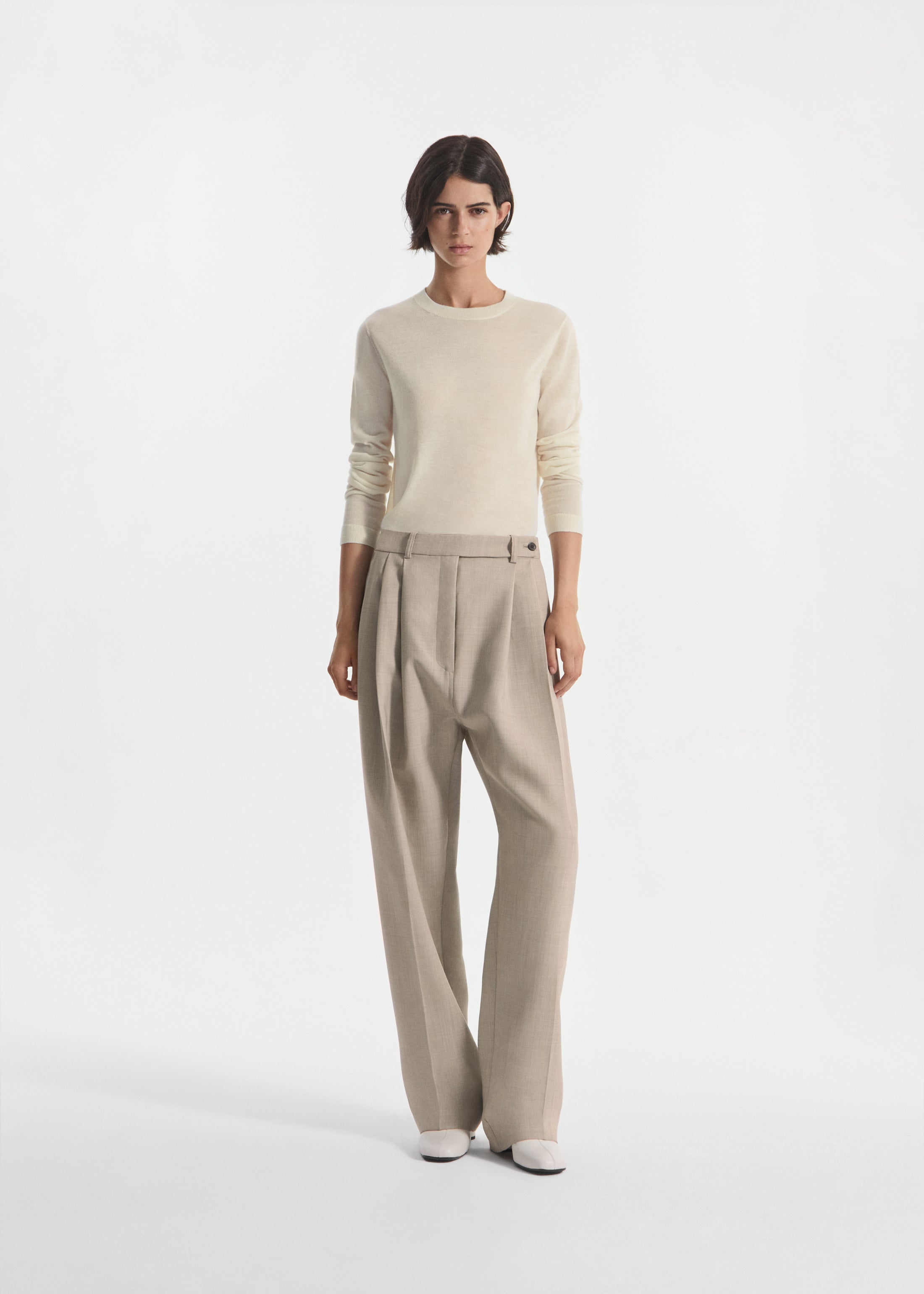 Wide Leg Pleated Pant in Virgin Wool - Oatmeal Melange