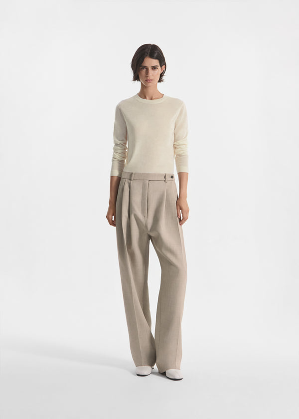 Wide Leg Pleated Pant in Virgin Wool - Oatmeal Melange - CO