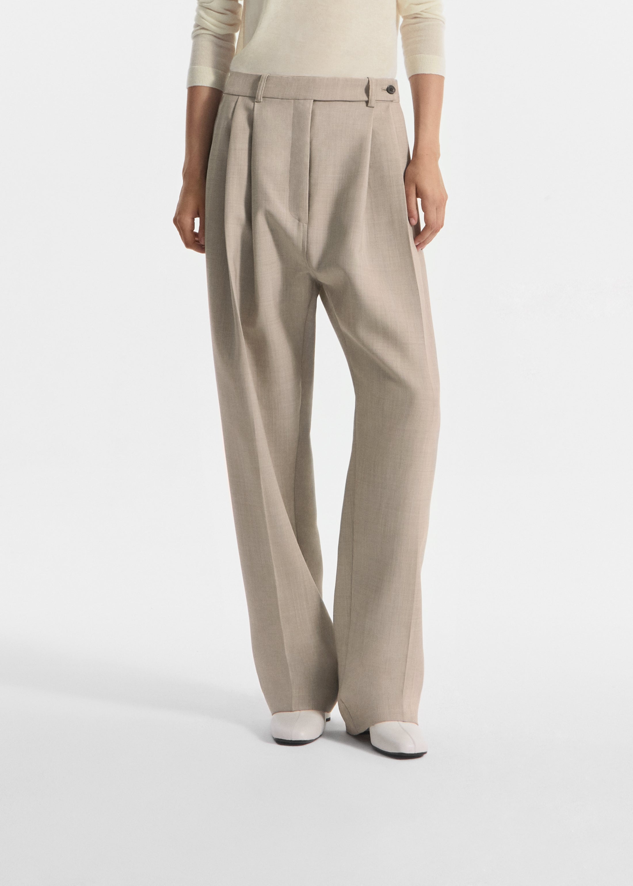 Wide Leg Pleated Pant in Virgin Wool - Oatmeal Melange