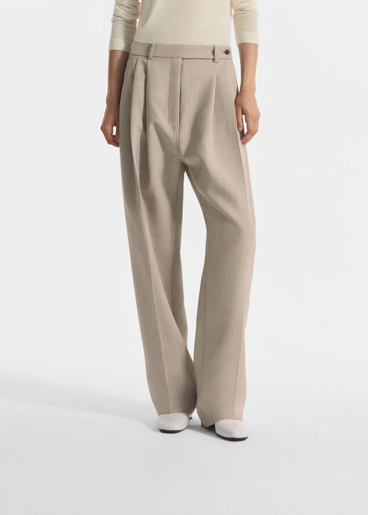 Wide Leg Pleated Pant in Virgin Wool - Oatmeal Melange, image 2 of 7