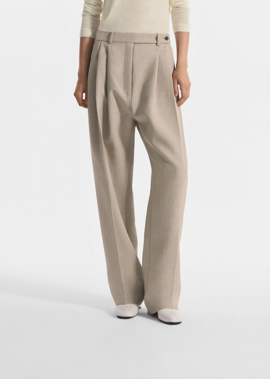 Wide Leg Pleated Pant in Virgin Wool - Oatmeal Melange - CO