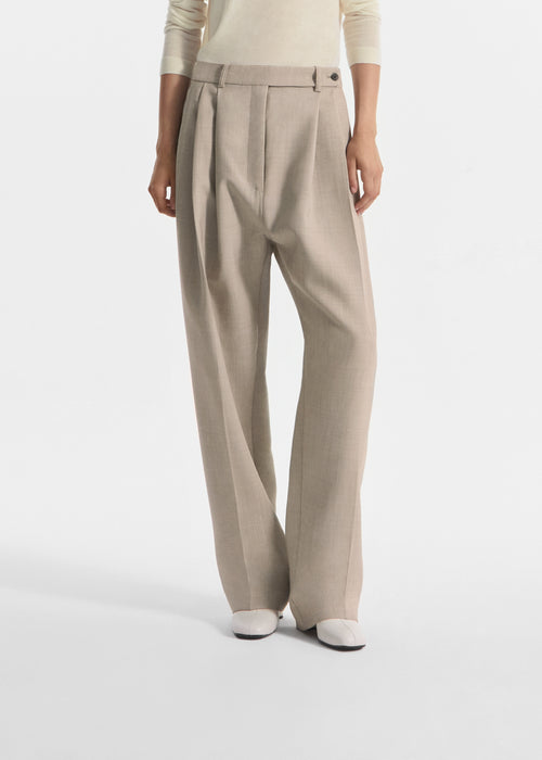 Wide Leg Pleated Pant in Virgin Wool - Oatmeal Melange, image 2 of 7