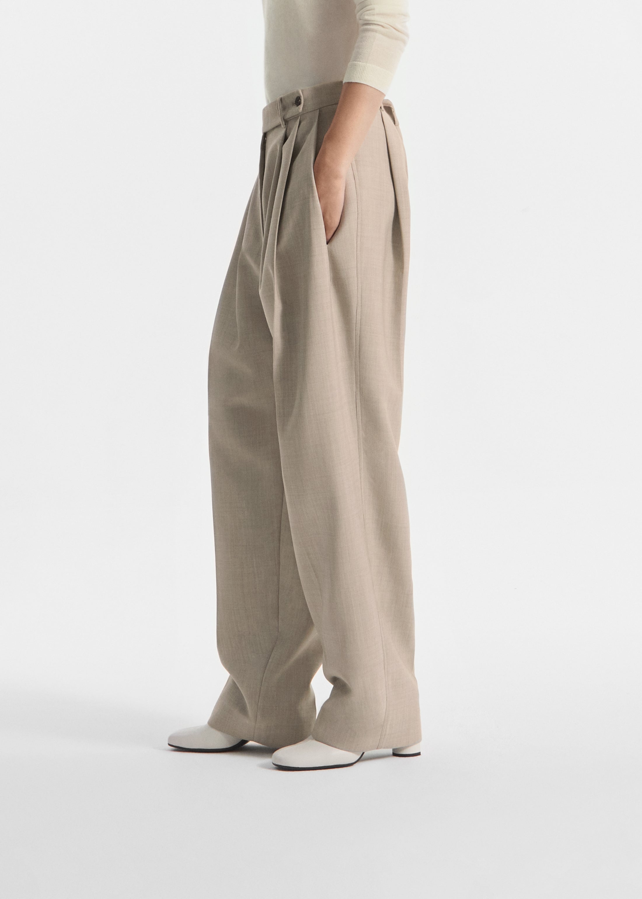 Wide Leg Pleated Pant in Virgin Wool - Oatmeal Melange