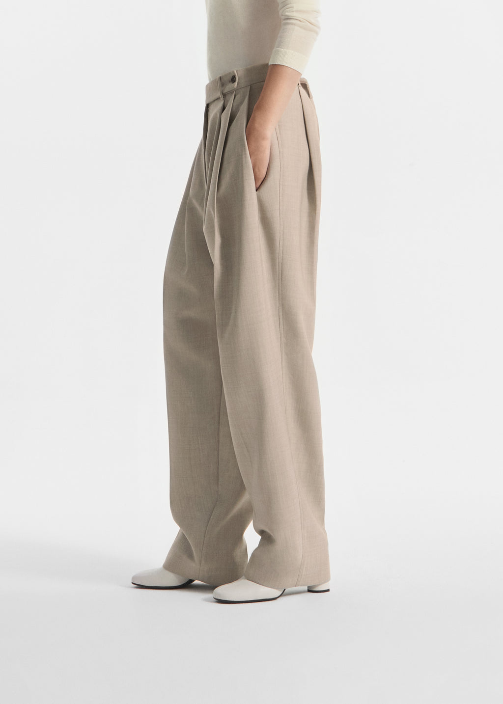 Wide Leg Pleated Pant in Virgin Wool - Oatmeal Melange - CO