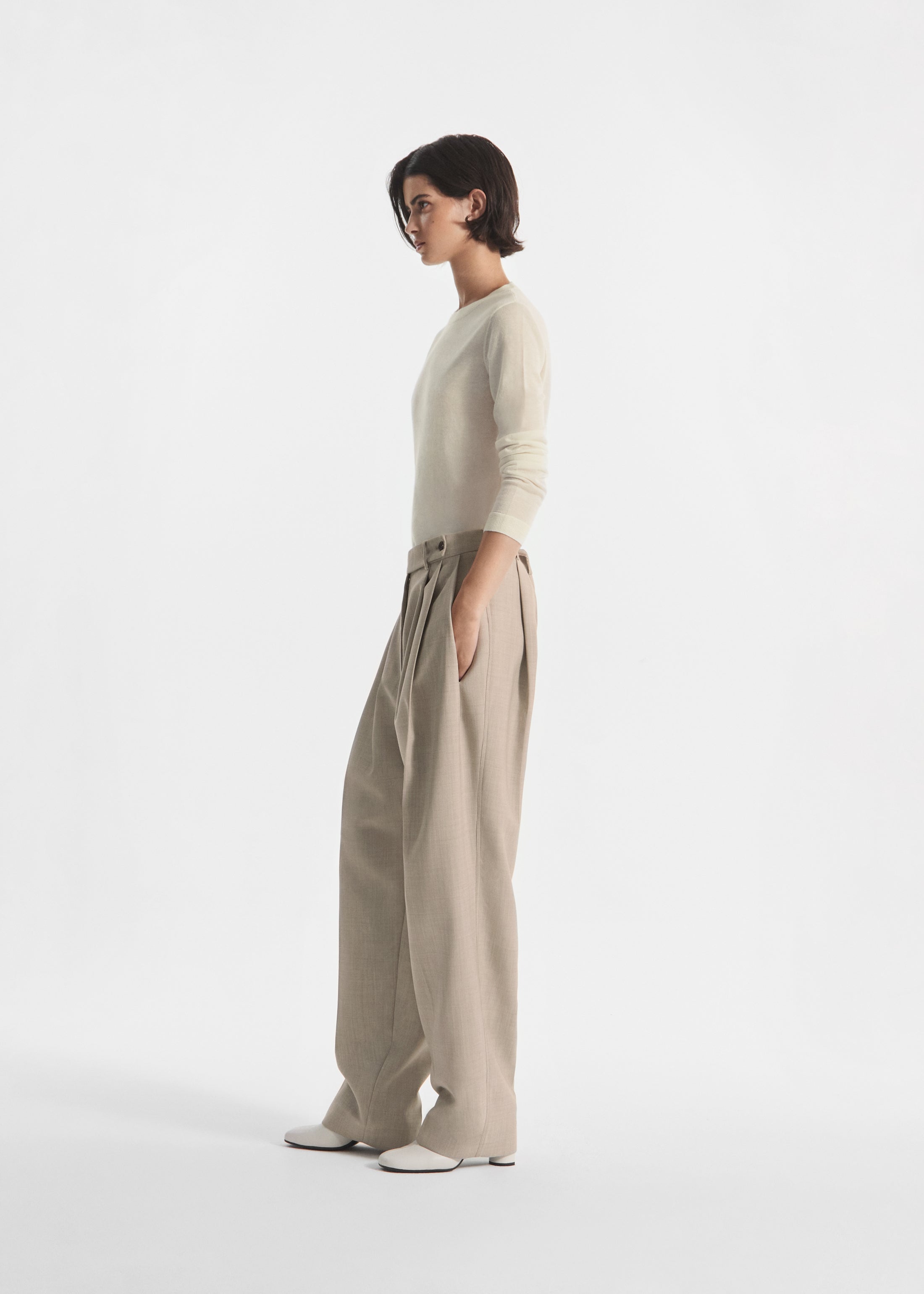Wide Leg Pleated Pant in Virgin Wool - Oatmeal Melange