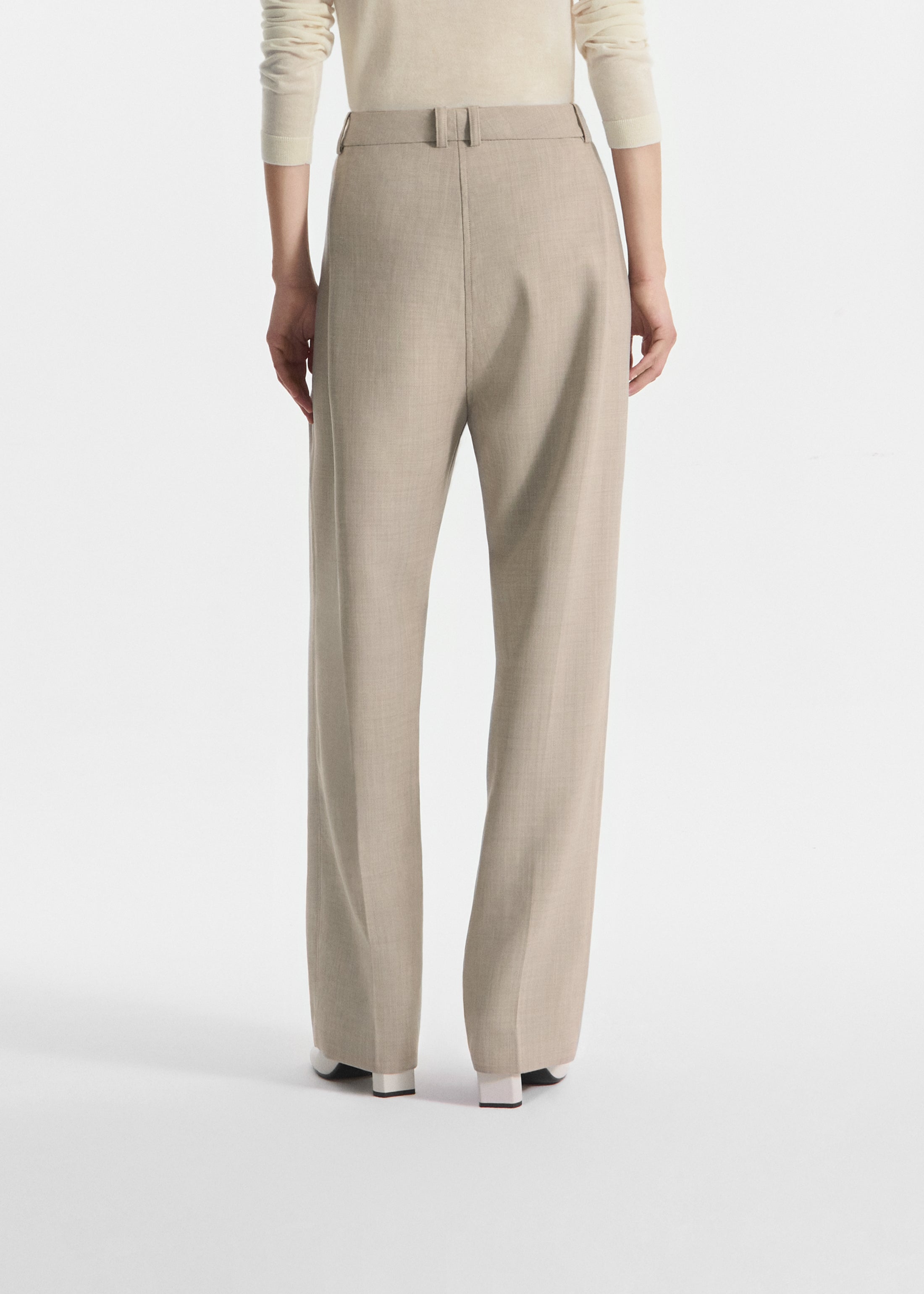 Wide Leg Pleated Pant in Virgin Wool - Oatmeal Melange