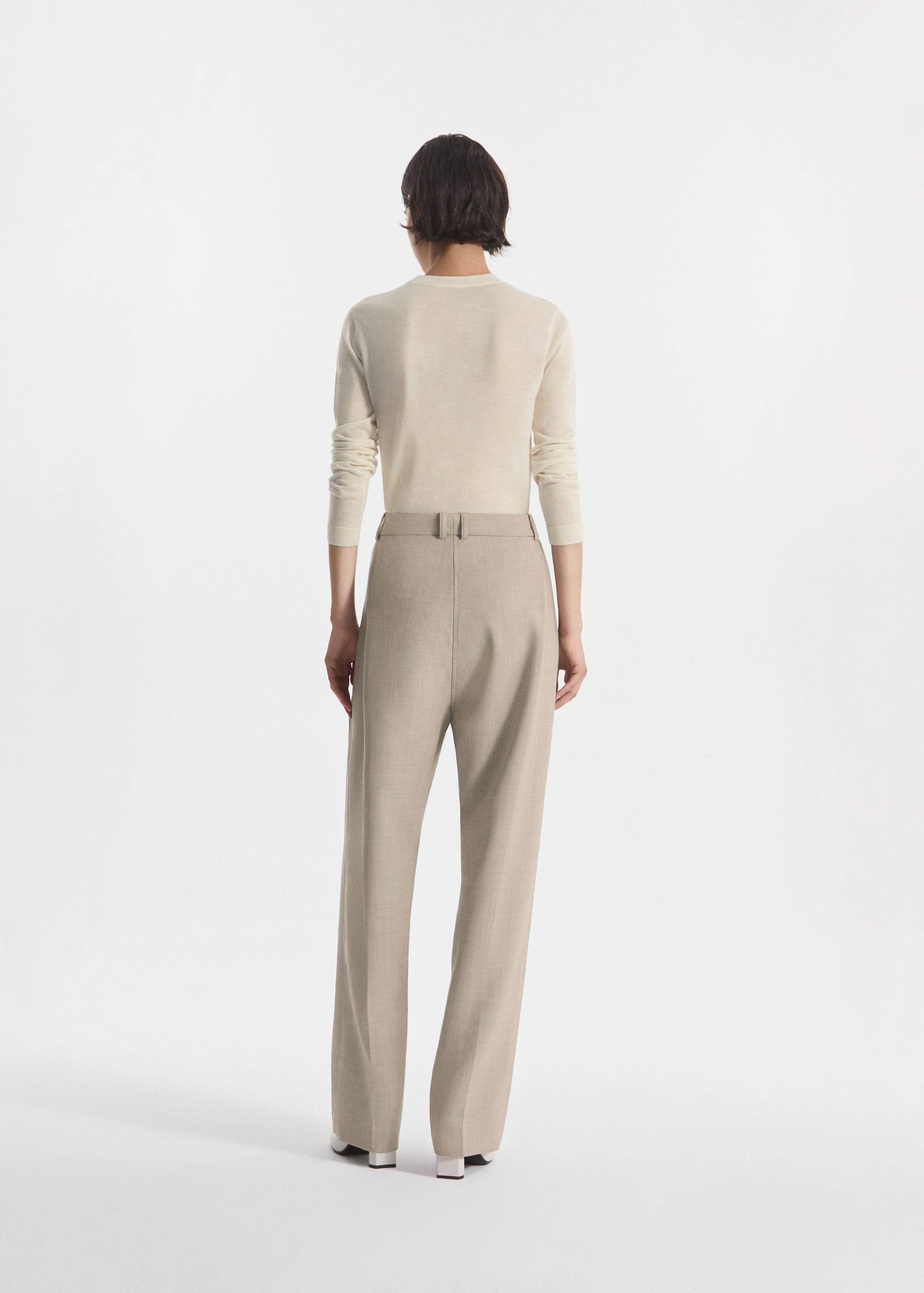 Wide Leg Pleated Pant in Virgin Wool - Oatmeal Melange