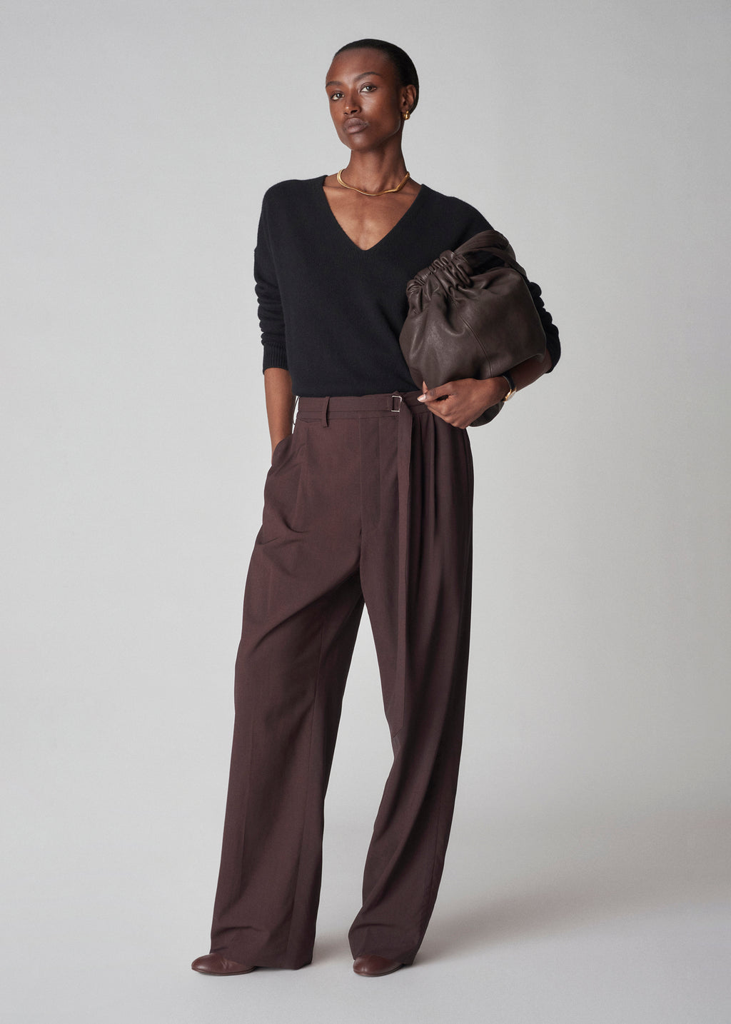 Drop Waist Trouser in Virgin Wool - Chocolate - CO