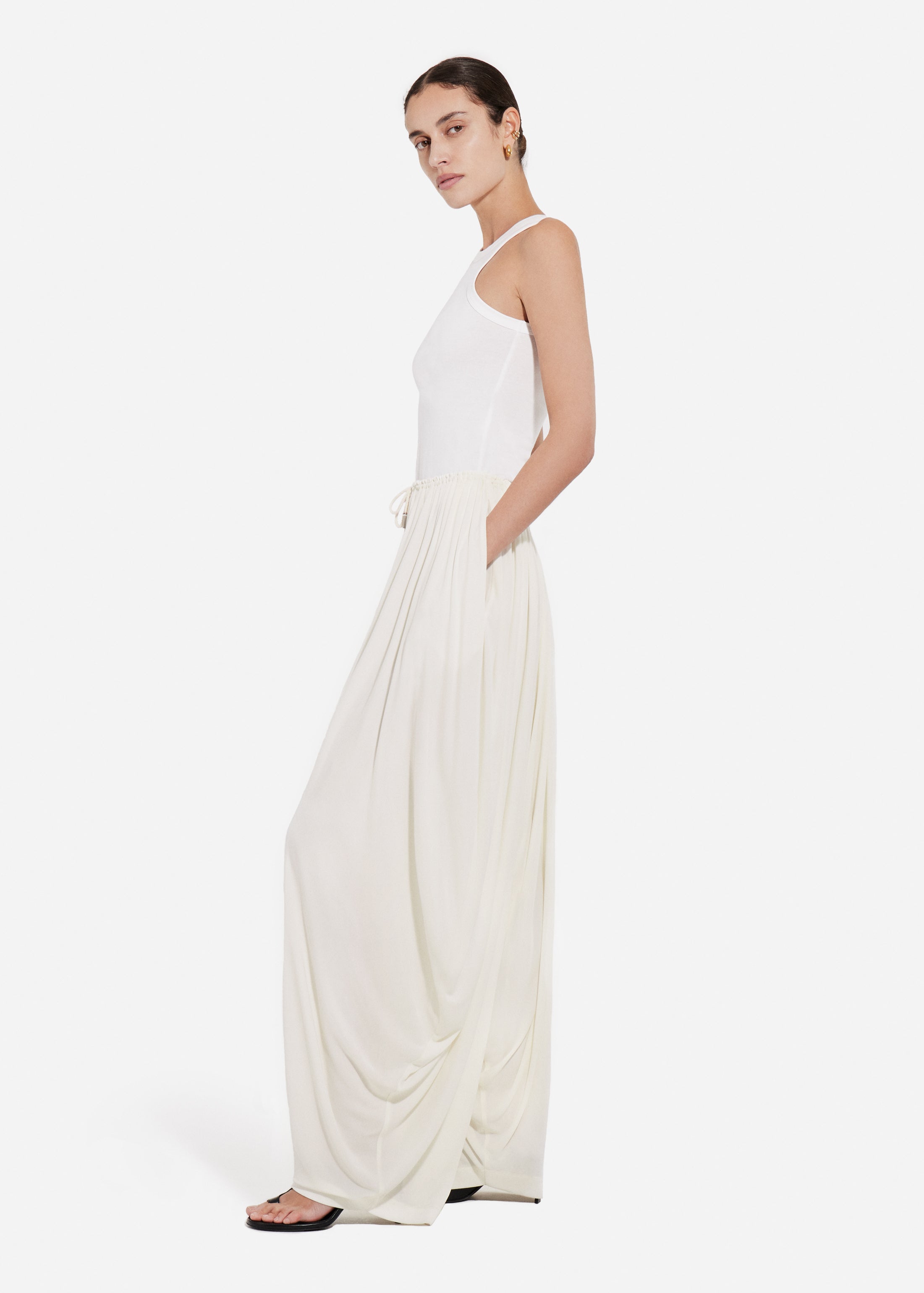 Elasticated Waist Gathered Pant in Viscose - Ivory