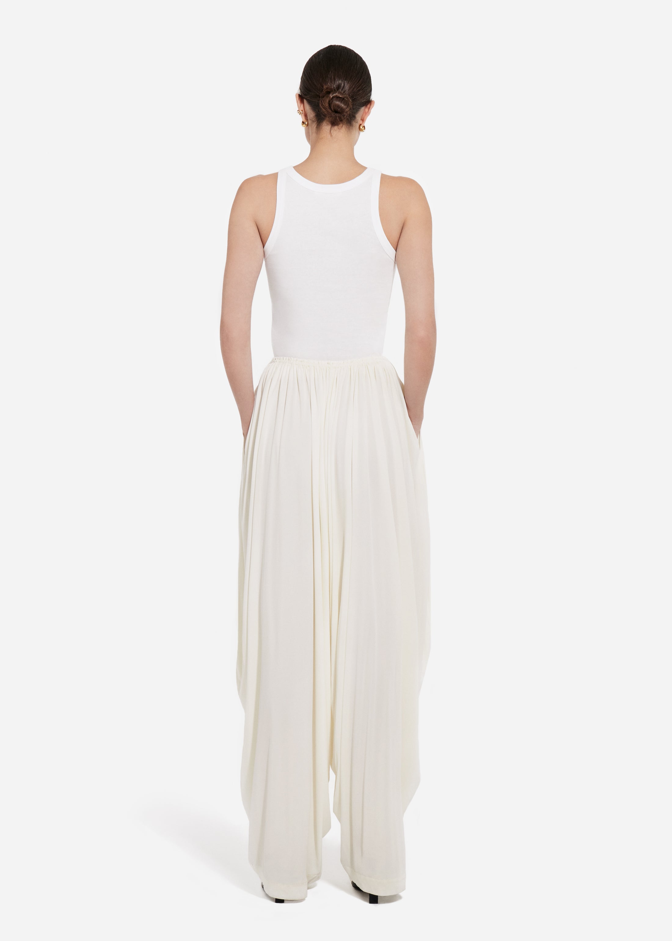 Elasticated Waist Gathered Pant in Viscose - Ivory