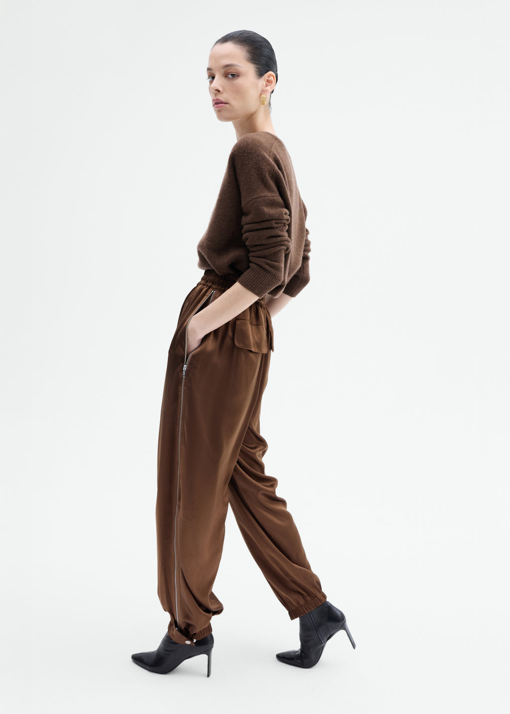 Track Pant in Silk Charmeuse - Moose - CO
