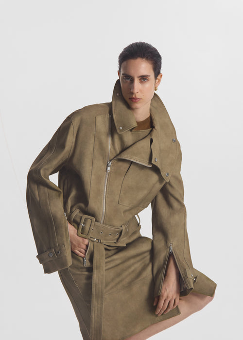 Flying Collar Moto Jacket in Cold-Dyed Cotton - Khaki, image 2 of 6
