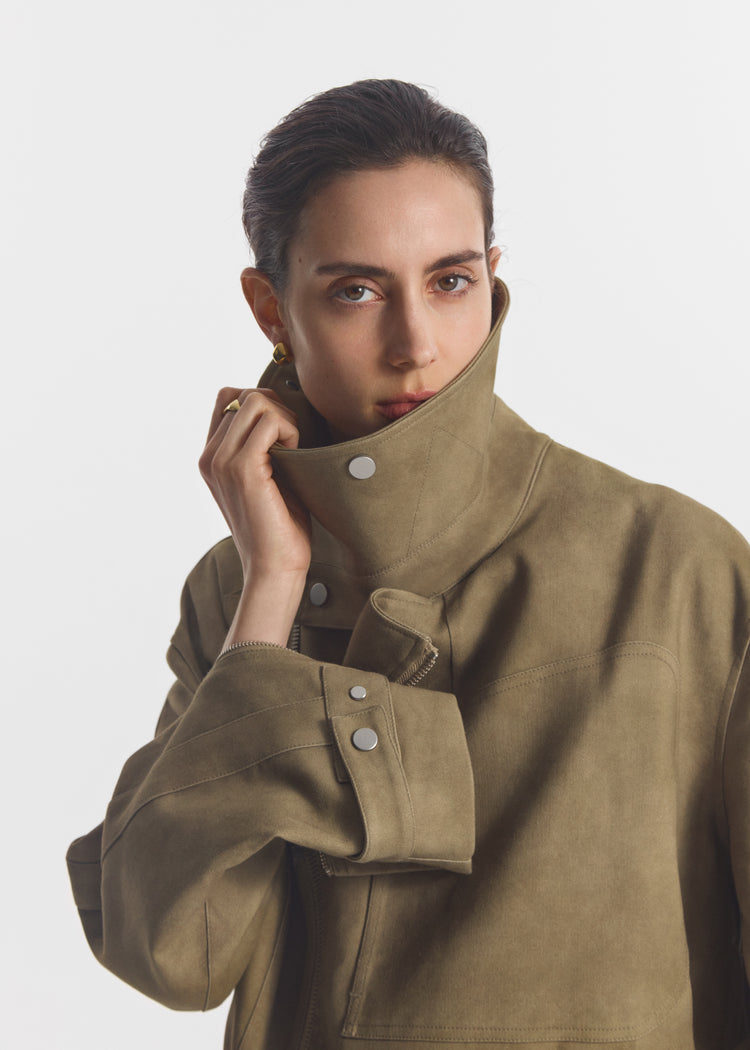 Flying Collar Moto Jacket in Cold-Dyed Cotton - Khaki, image 1 of 6