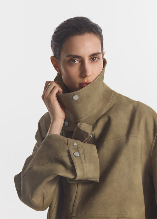 Flying Collar Moto Jacket in Cold-Dyed Cotton - Khaki, image 1 of 6