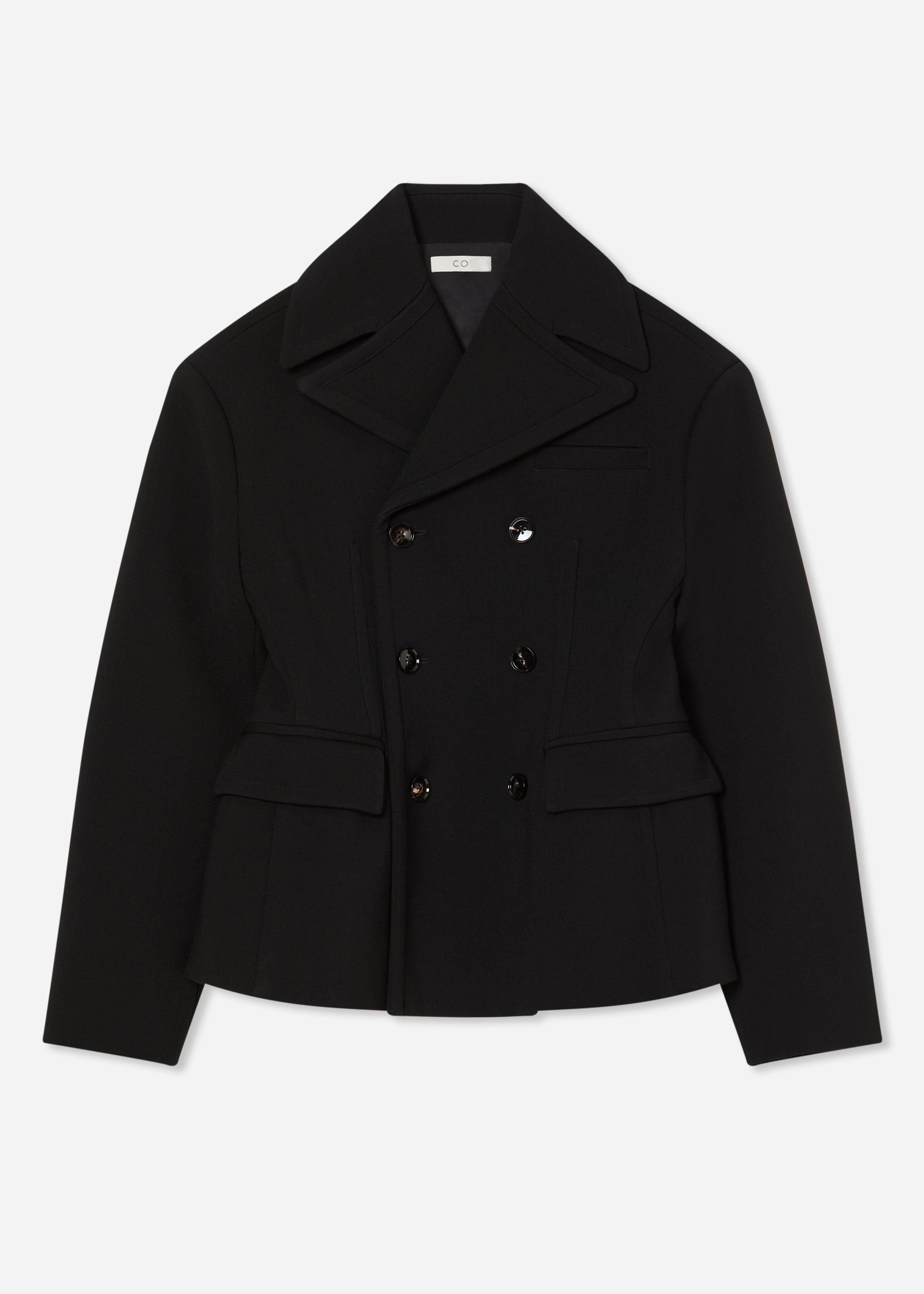 Double Breasted Peplum Jacket in Wool - Black