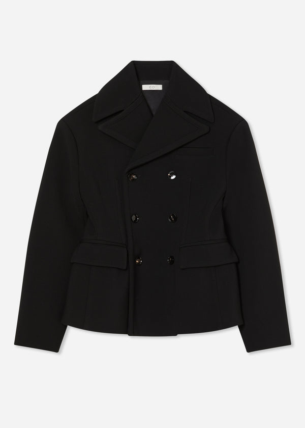 Double Breasted Peplum Jacket in Wool - Black - CO