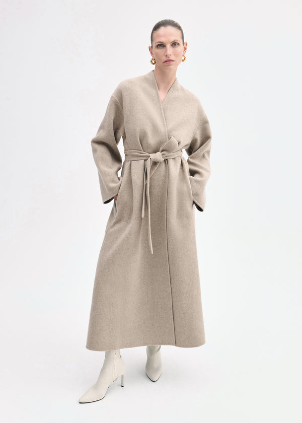 Wrap Coat in Double Faced Wool Cashmere  - Taupe - CO