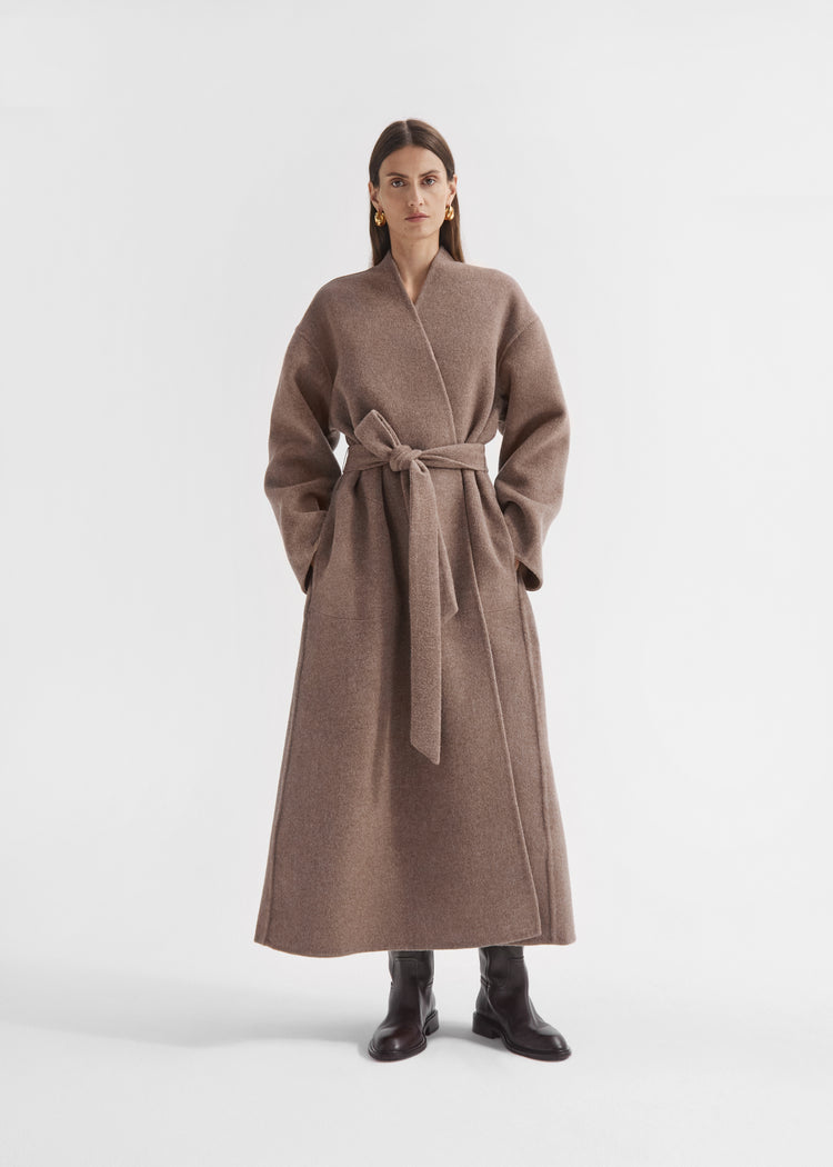 Wrap Coat in Double Faced Wool Cashmere  - Brown Melange, image 1 of 6