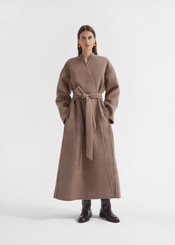 Wrap Coat in Double Faced Wool Cashmere  - Brown Melange, image 1 of 6