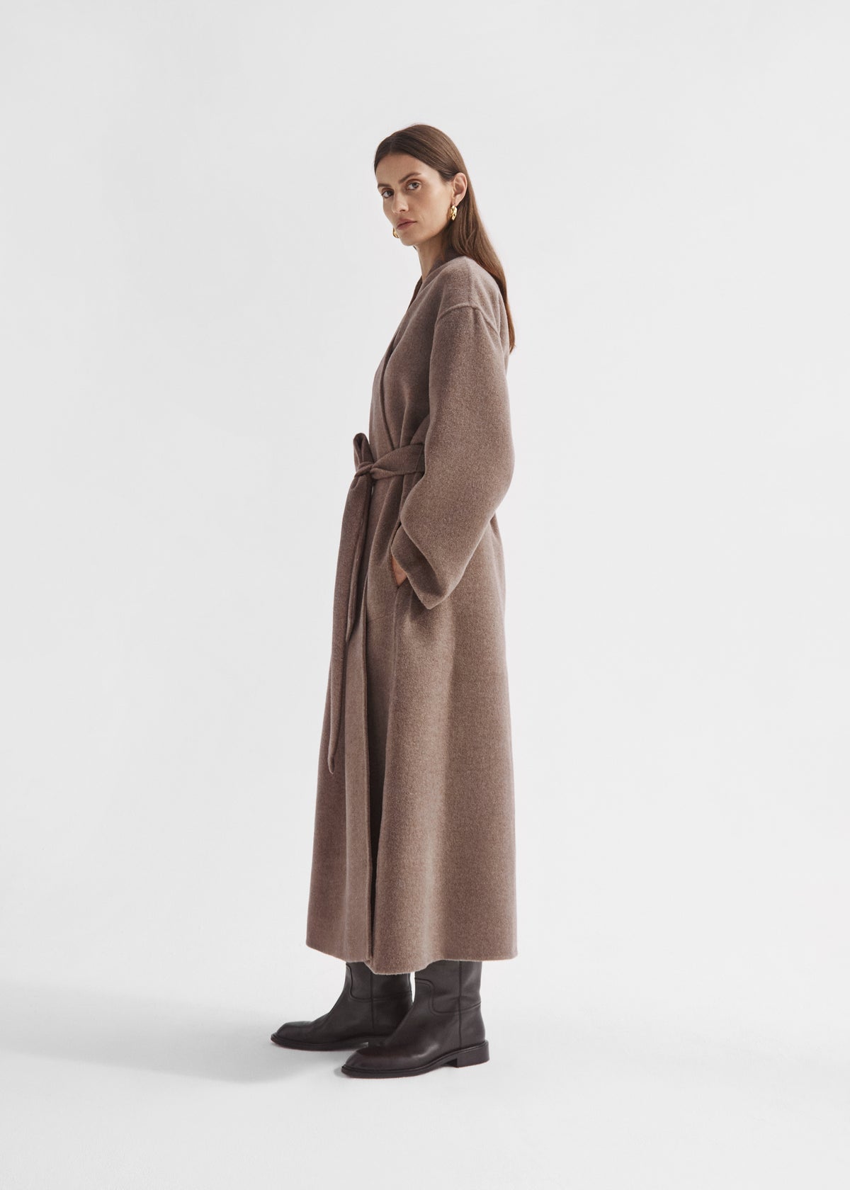 Wrap Coat in Double Faced Wool Cashmere  - Brown Melange, image 3 of 6